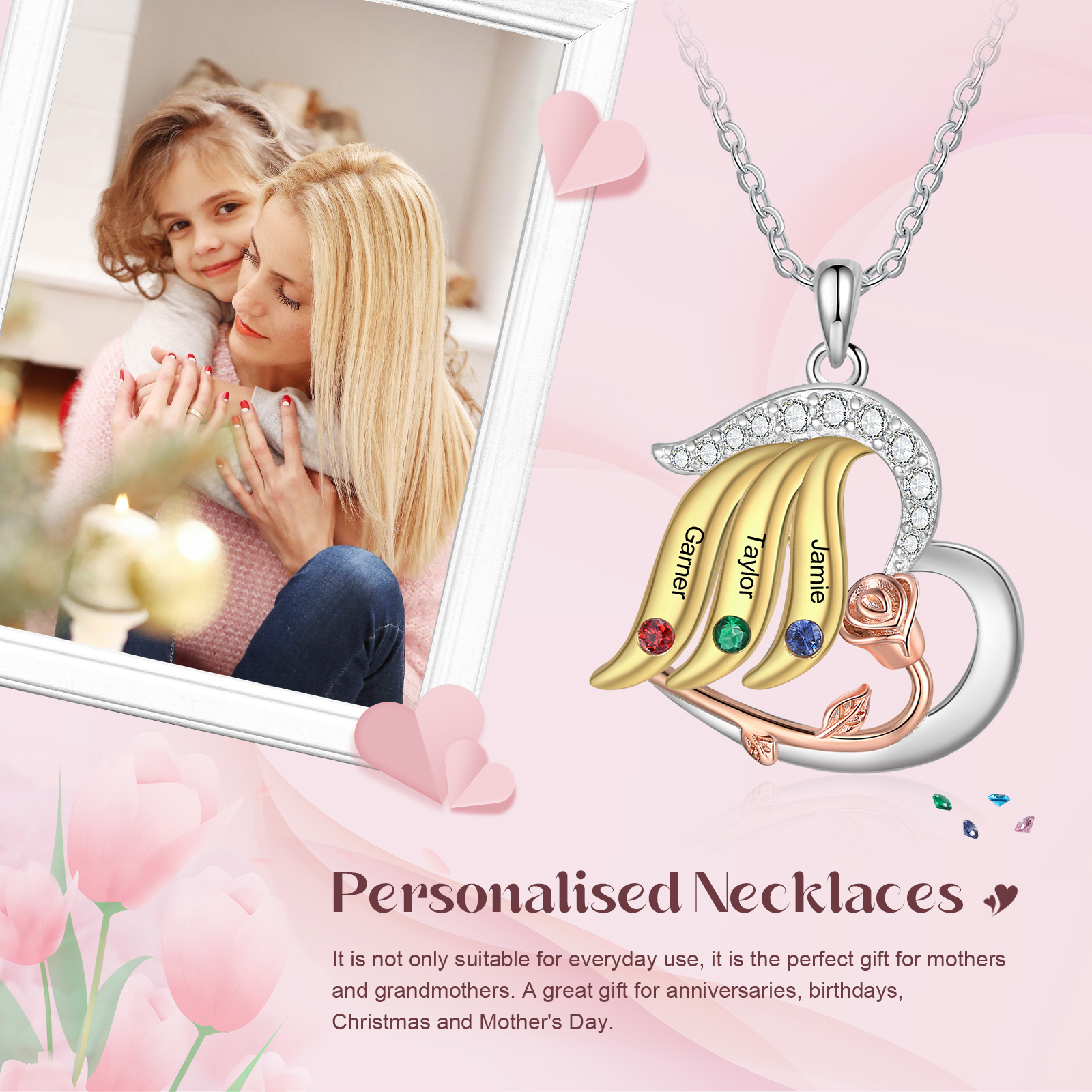 Personalised Heart Rose Pendant Necklace Custom 3 Birthstones & 3 Names Gifts for Her-Jessemade AU