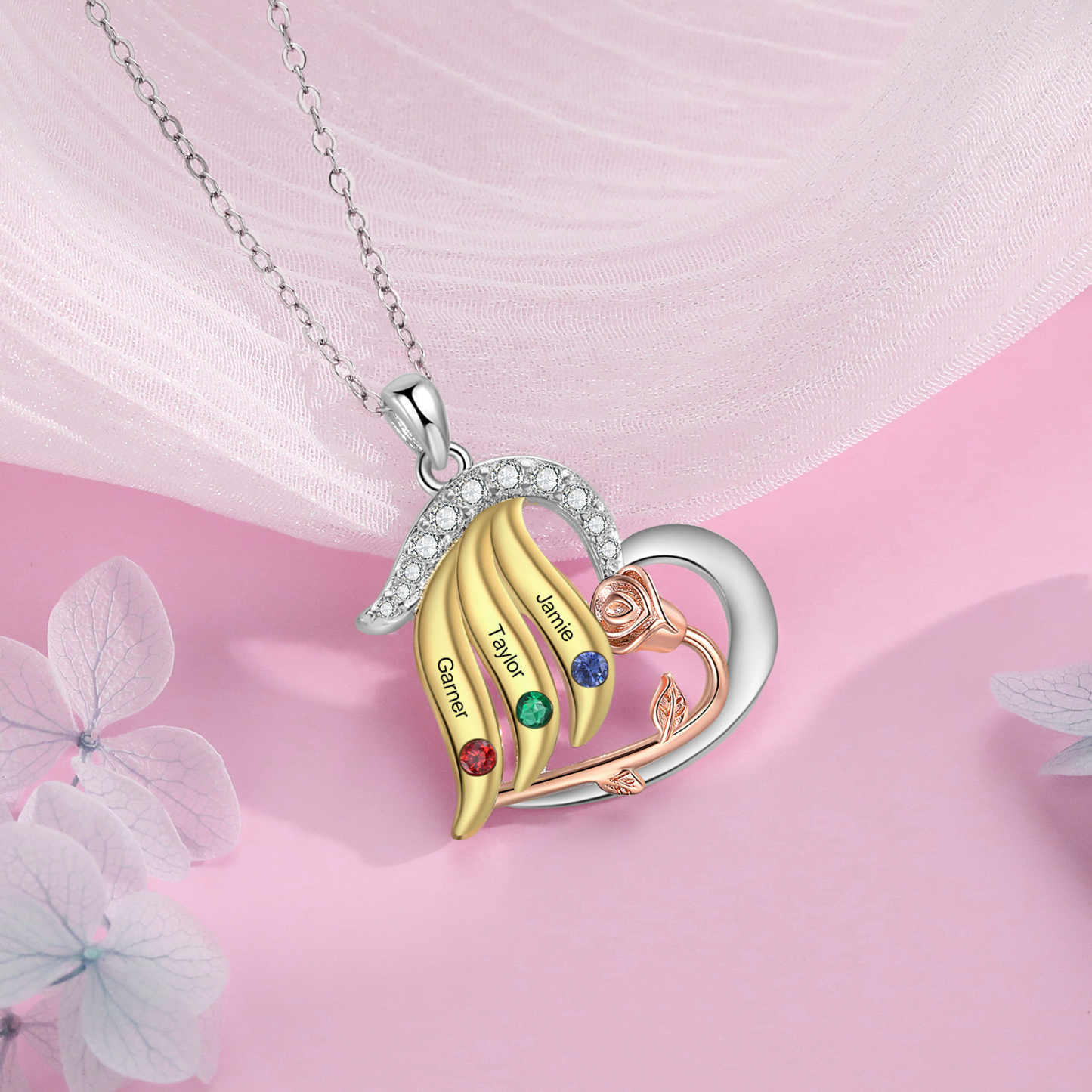 Personalised Heart Rose Pendant Necklace Custom 3 Birthstones & 3 Names Gifts for Her-Jessemade AU