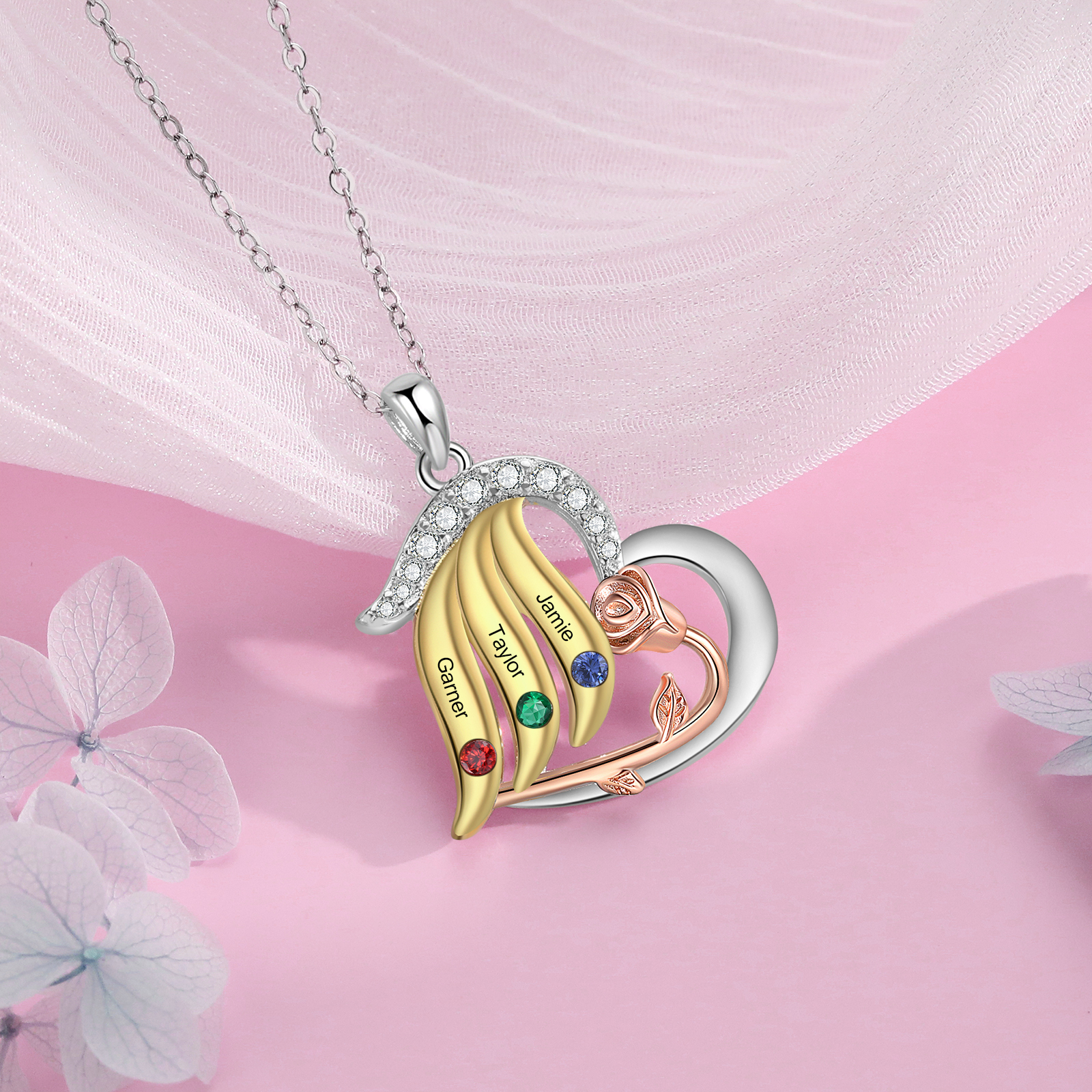 Personalised Heart Rose Pendant Necklace Custom 3 Birthstones & 3 Names Gifts for Her-Jessemade AU