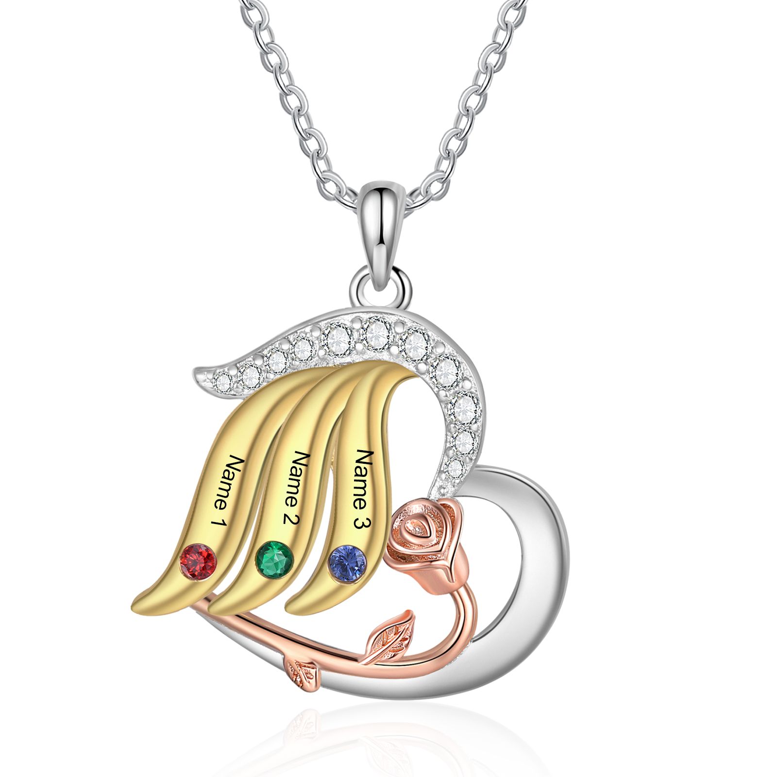 Personalised Heart Rose Pendant Necklace Custom 3 Birthstones & 3 Names Gifts for Her
