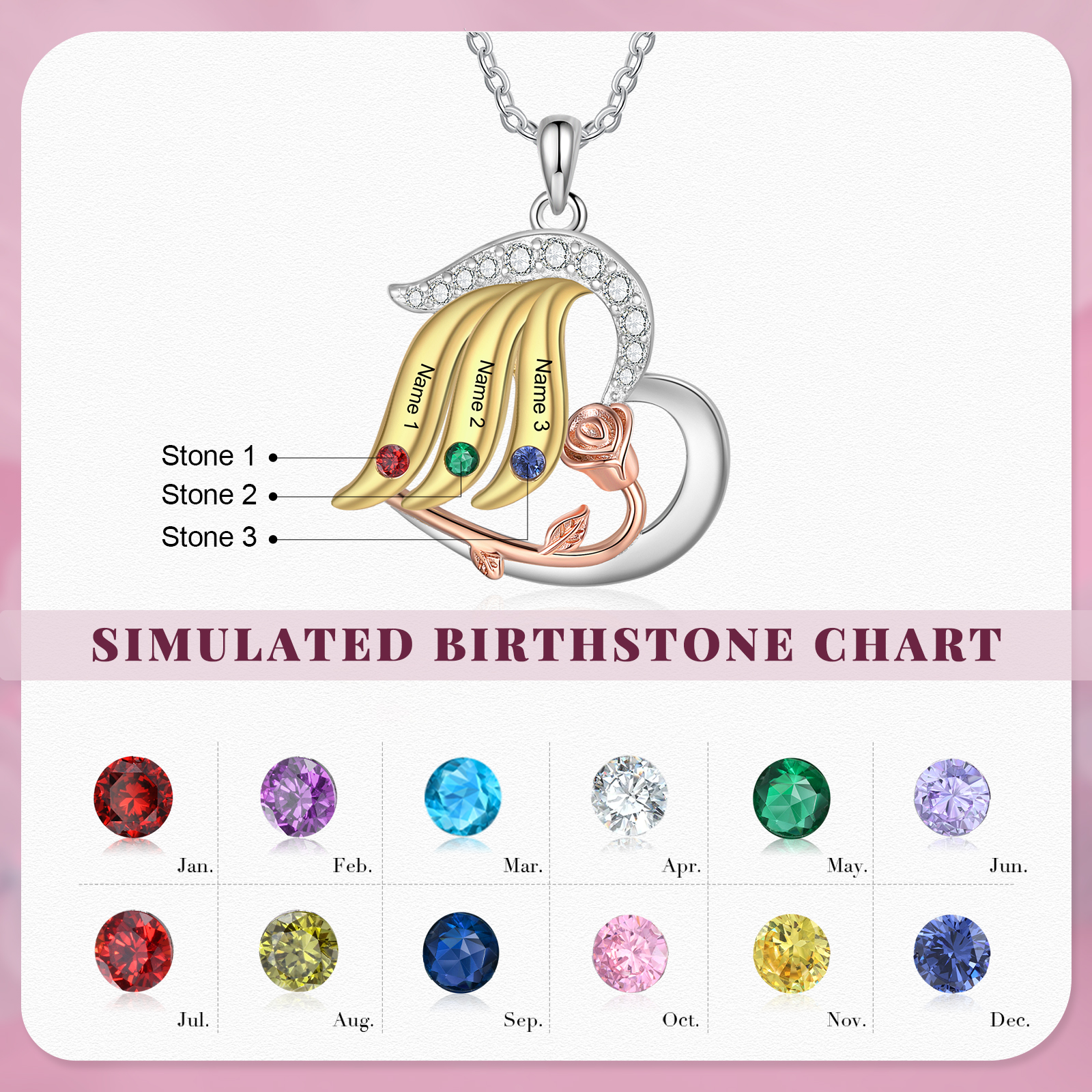 Personalised Heart Rose Pendant Necklace Custom 3 Birthstones & 3 Names Gifts for Her