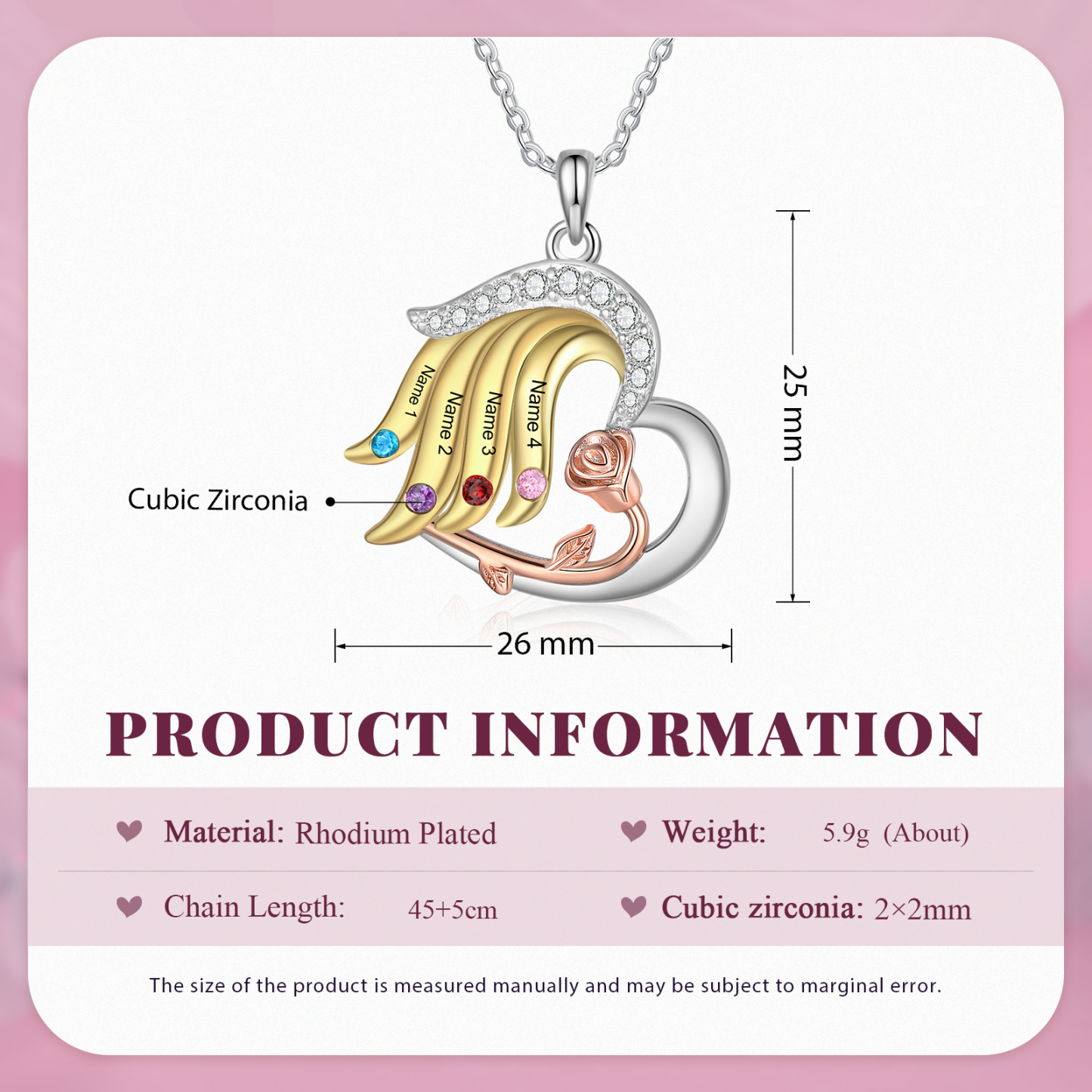 Personalised Heart Rose Pendant Necklace Custom 4 Birthstones & 4 Names Gifts for Her-Jessemade AU