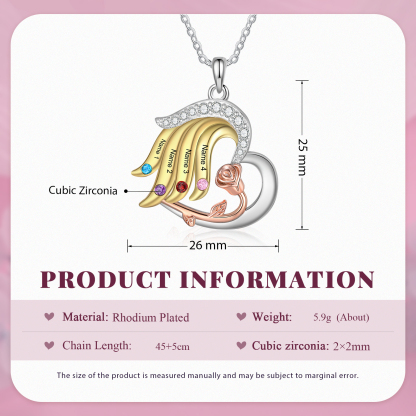 Personalised Heart Rose Pendant Necklace Custom 4 Birthstones & 4 Names Gifts for Her-Jessemade AU