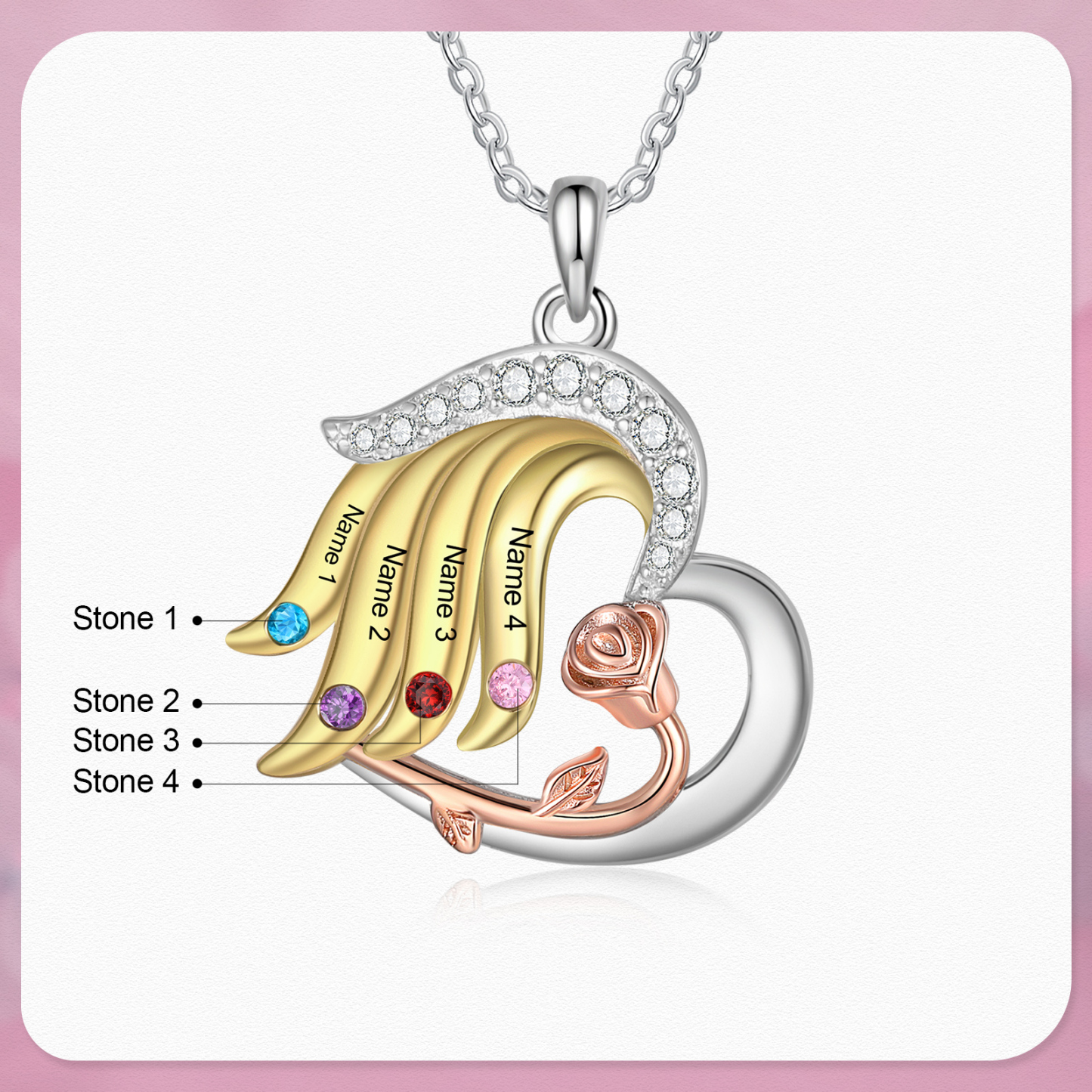 Personalised Heart Rose Pendant Necklace Custom 4 Birthstones & 4 Names Gifts for Her-Jessemade AU