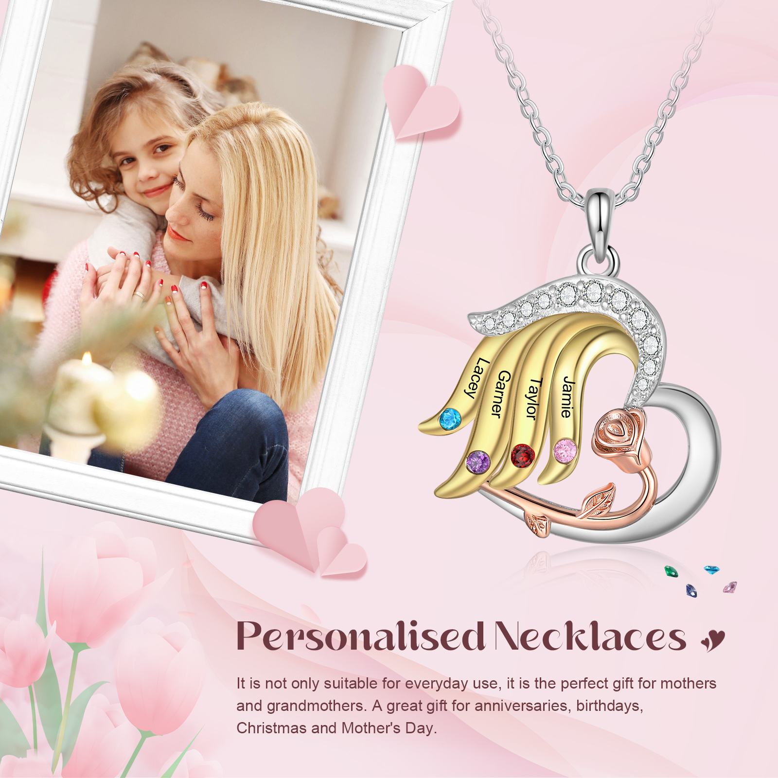 Personalised Heart Rose Pendant Necklace Custom 4 Birthstones & 4 Names Gifts for Her-Jessemade AU