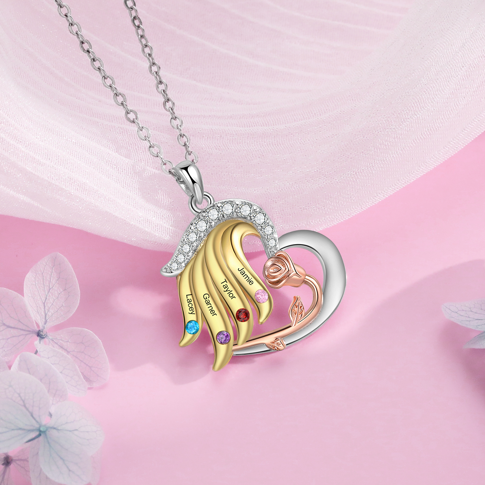 Personalised Heart Rose Pendant Necklace Custom 4 Birthstones & 4 Names Gifts for Her-Jessemade AU