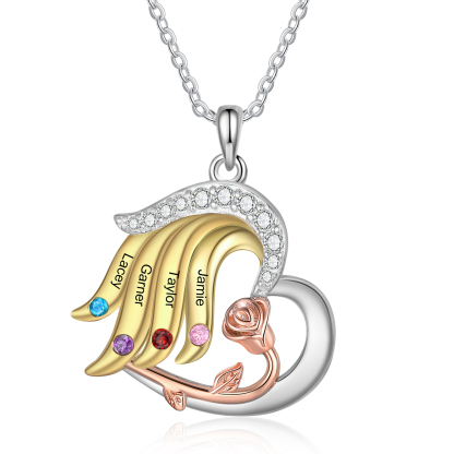 Personalised Heart Rose Pendant Necklace Custom 4 Birthstones & 4 Names Gifts for Her-Jessemade AU
