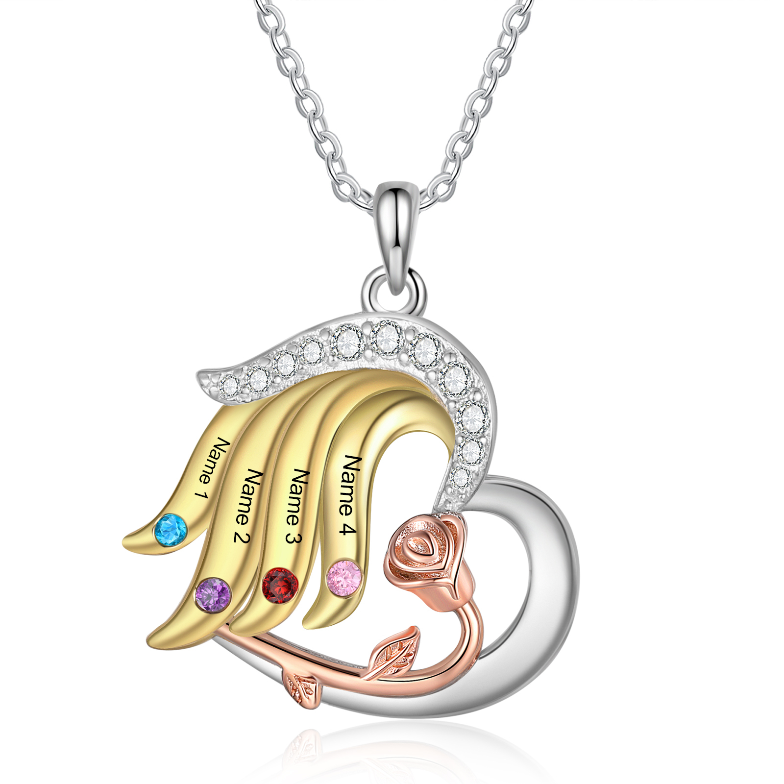 Personalised Heart Rose Pendant Necklace Custom 4 Birthstones & 4 Names Gifts for Her-Jessemade AU