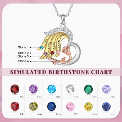 Personalised Heart Rose Pendant Necklace Custom 4 Birthstones & 4 Names Gifts for Her-Jessemade AU