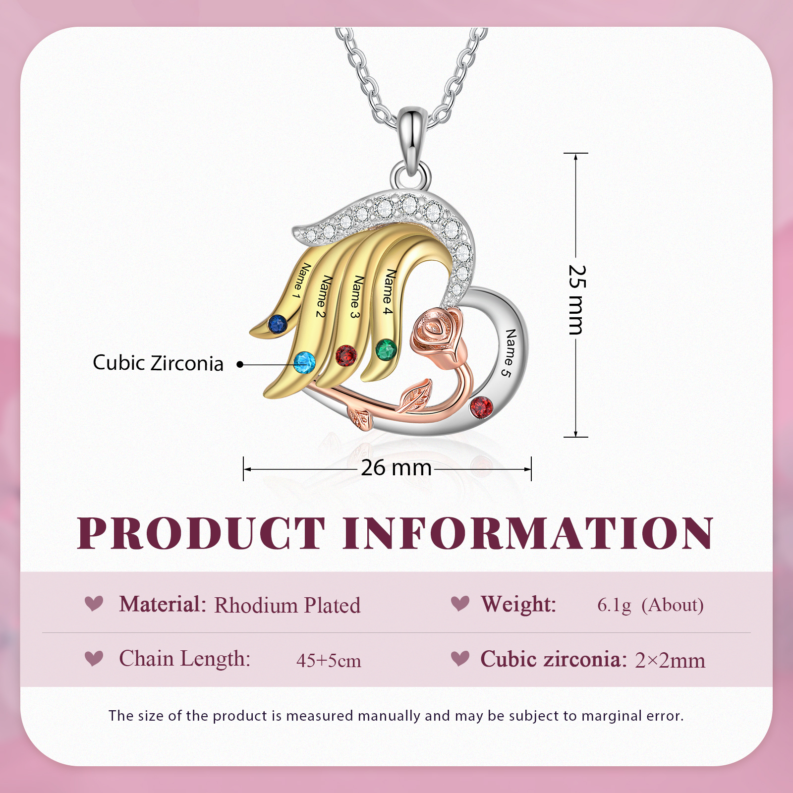 Personalised Heart Rose Pendant Necklace Custom 5 Birthstones & 5 Names Gifts for Her-Jessemade AU