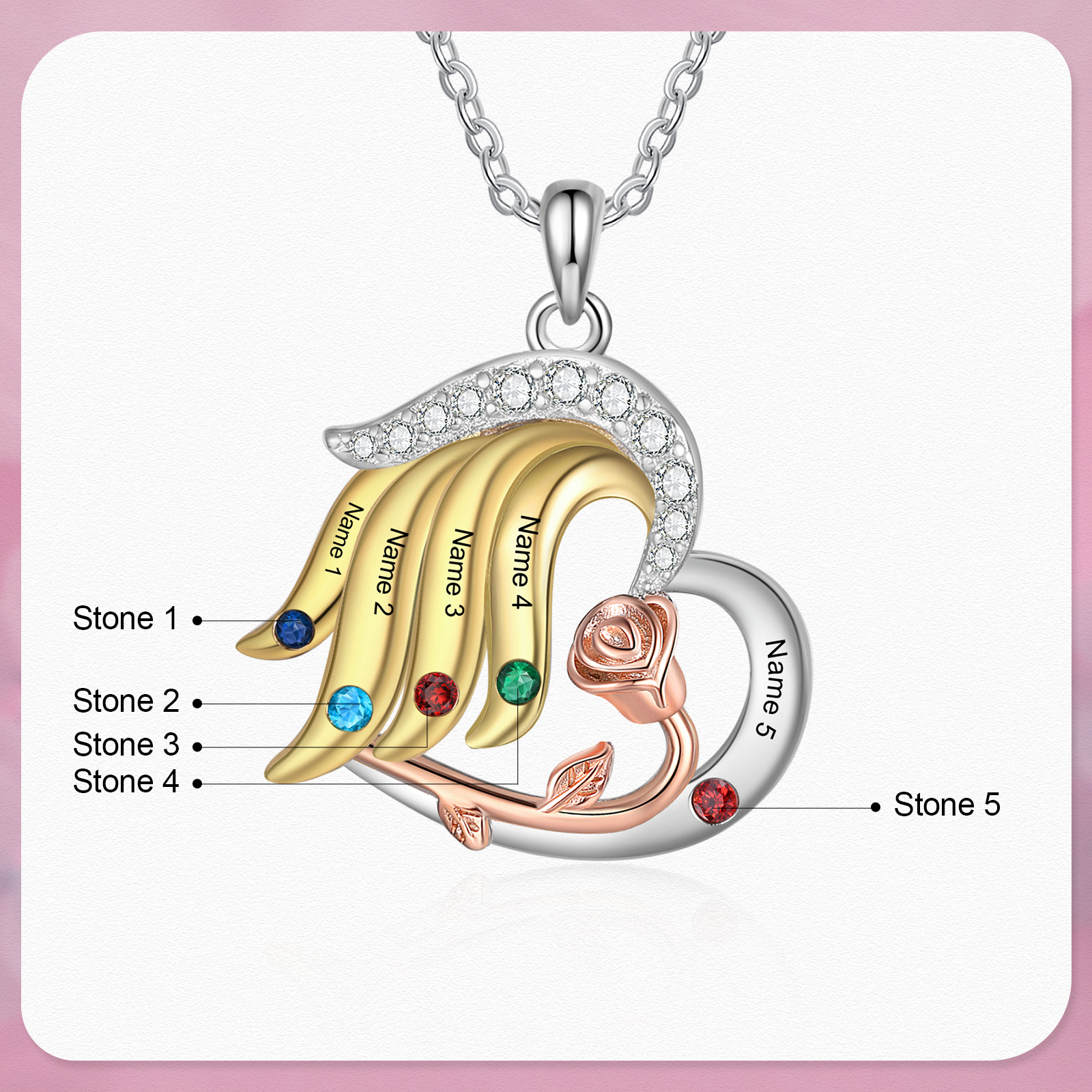 Personalised Heart Rose Pendant Necklace Custom 5 Birthstones & 5 Names Gifts for Her-Jessemade AU