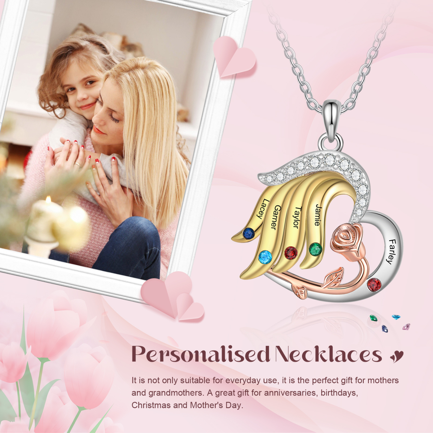 Personalised Heart Rose Pendant Necklace Custom 5 Birthstones & 5 Names Gifts for Her-Jessemade AU