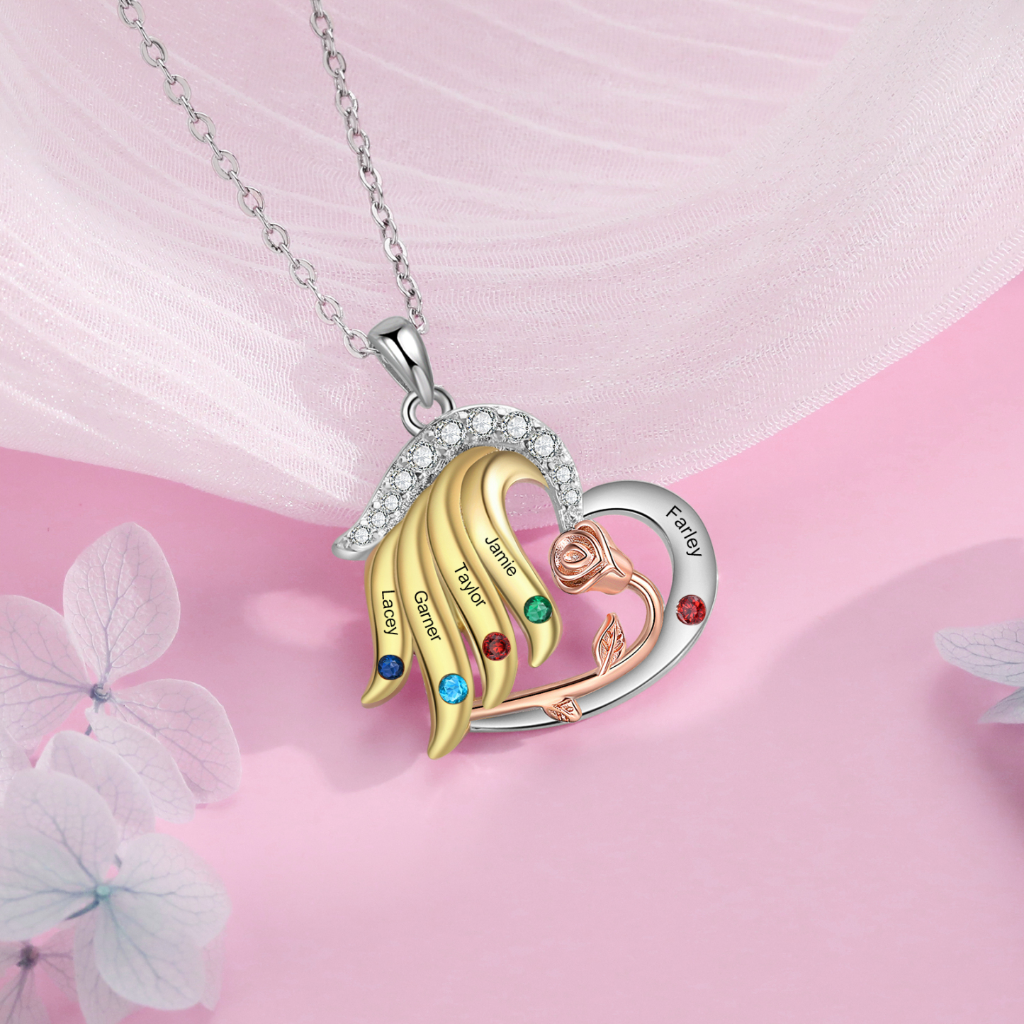 Personalised Heart Rose Pendant Necklace Custom 5 Birthstones & 5 Names Gifts for Her-Jessemade AU