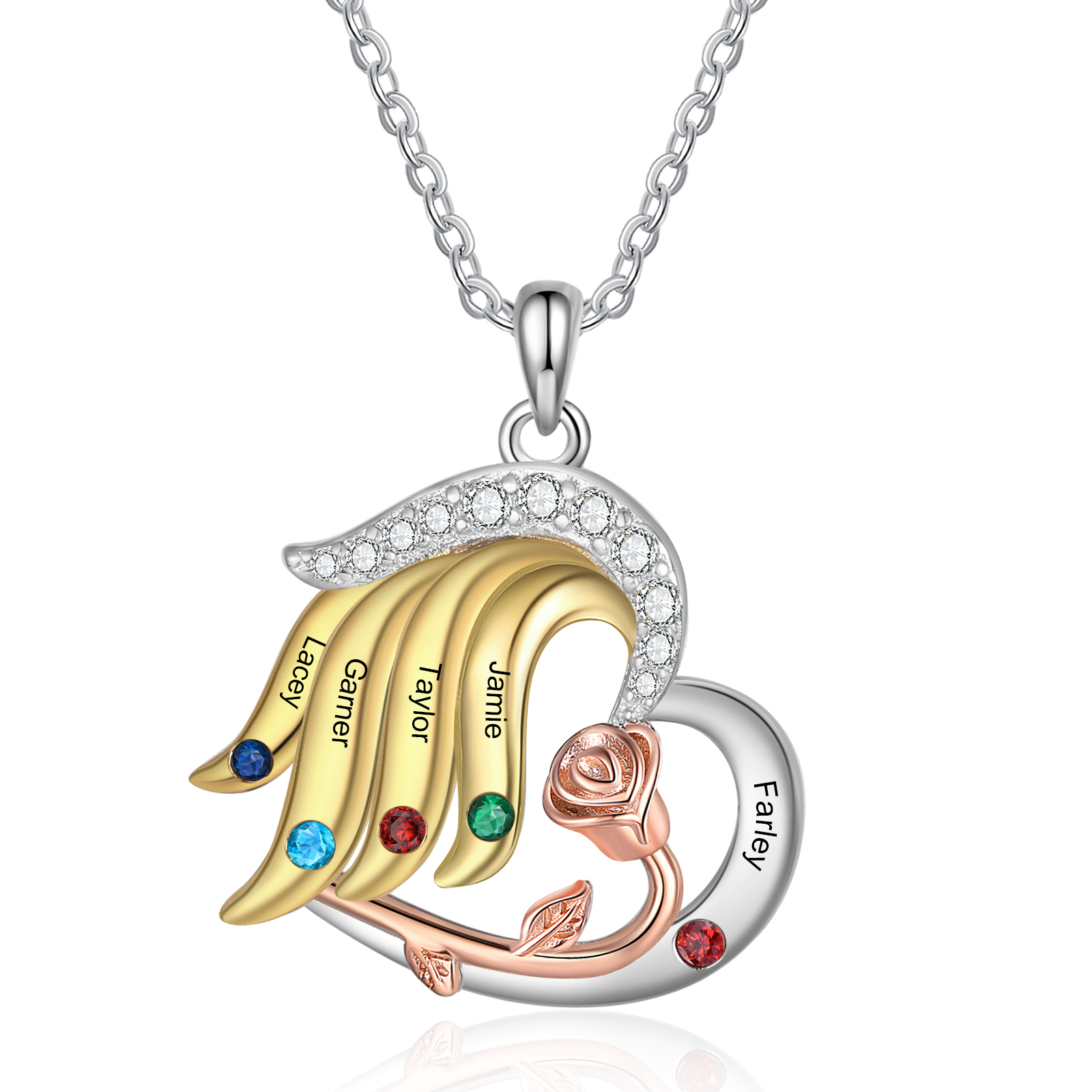 Personalised Heart Rose Pendant Necklace Custom 5 Birthstones & 5 Names Gifts for Her