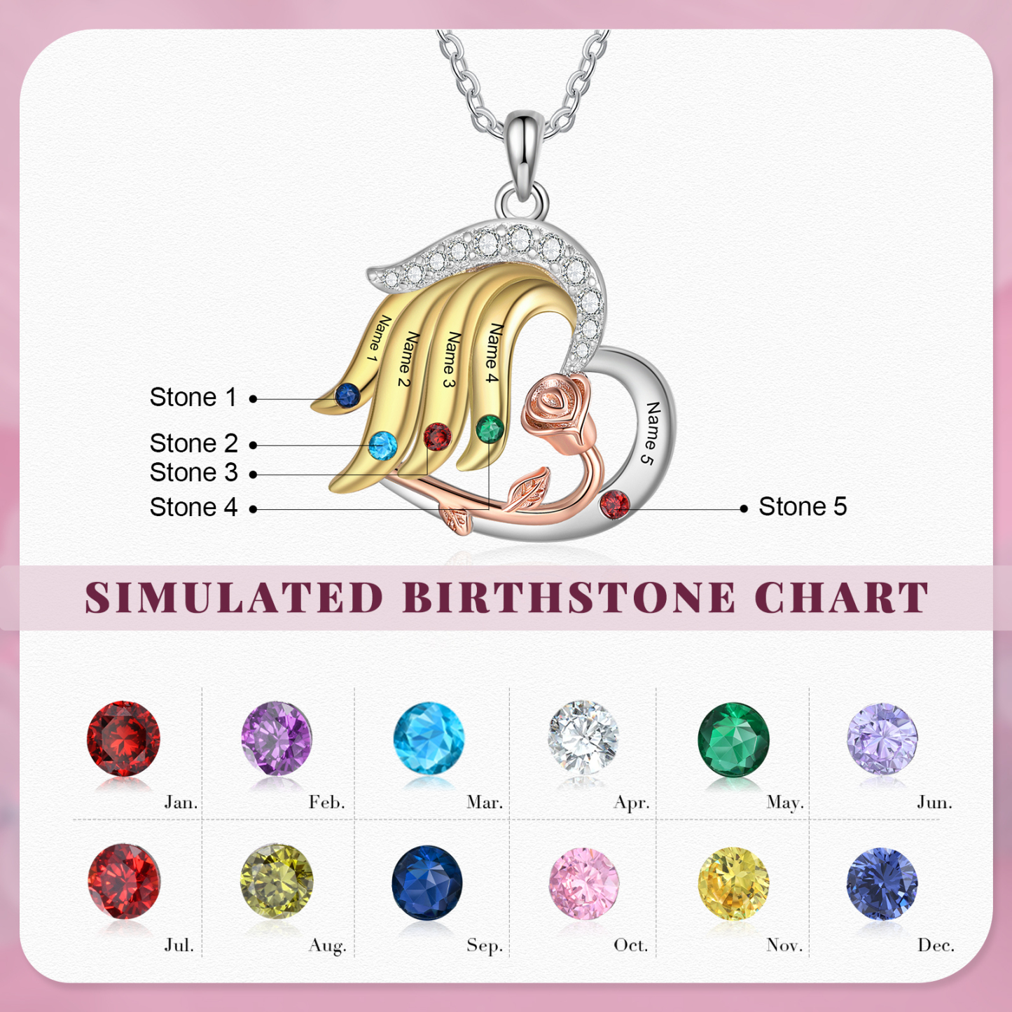 Personalised Heart Rose Pendant Necklace Custom 5 Birthstones & 5 Names Gifts for Her-Jessemade AU