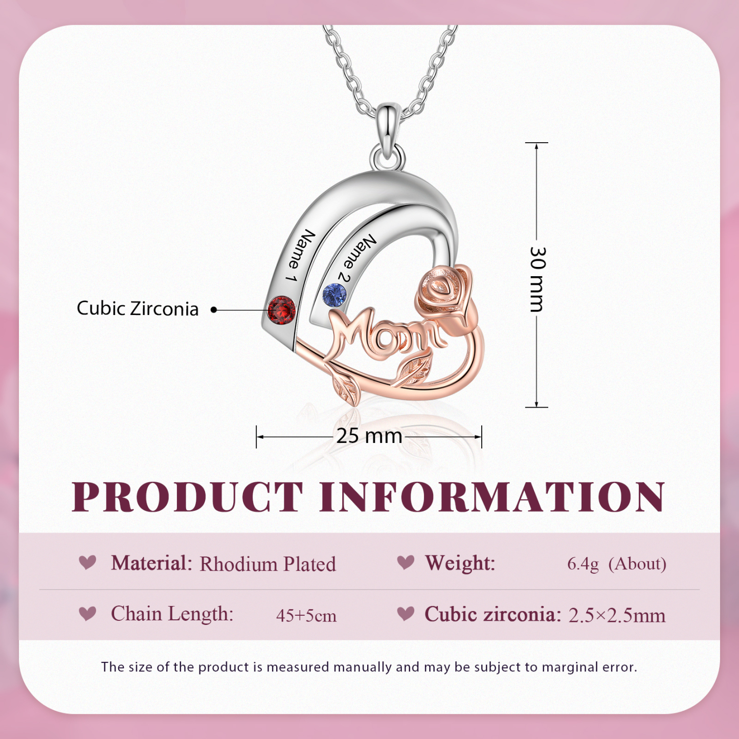 Personalised Heart Pendant Necklace Custom 2 Birthstones & 2 Names Birthday Gift for Mom/Grandma-Jessemade AU