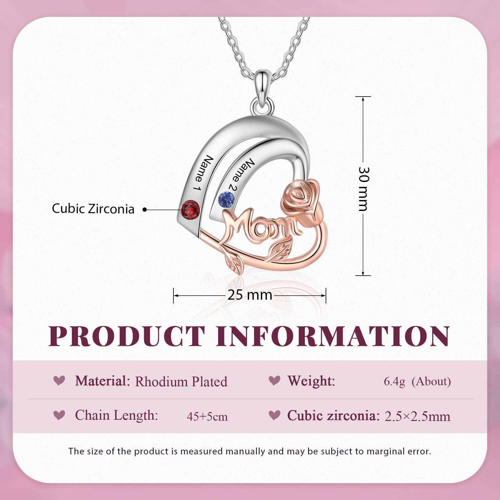 Personalised Heart Pendant Necklace Custom 2 Birthstones & 2 Names Birthday Gift for Mom/Grandma-Jessemade AU