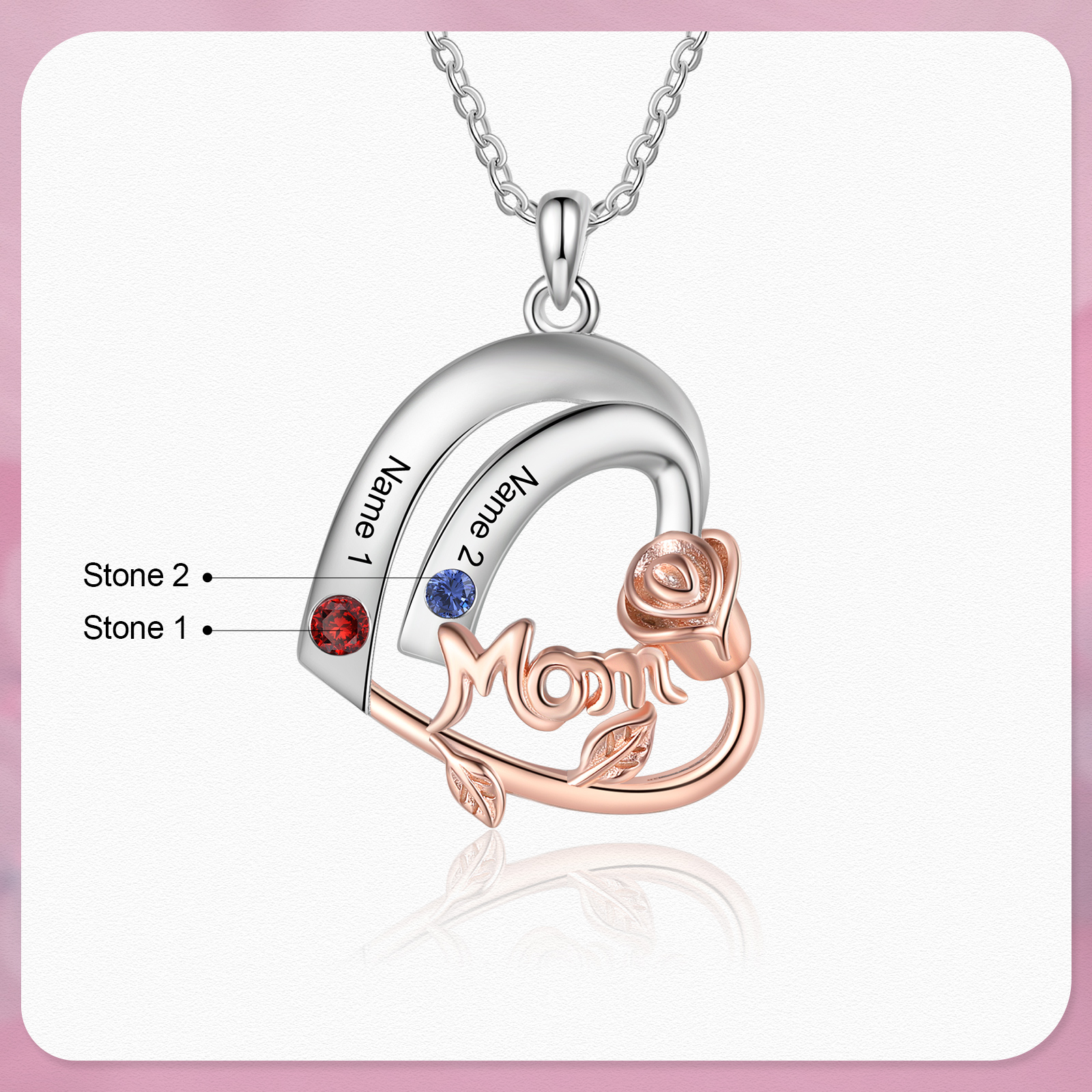 Personalised Heart Pendant Necklace Custom 2 Birthstones & 2 Names Birthday Gift for Mom/Grandma-Jessemade AU