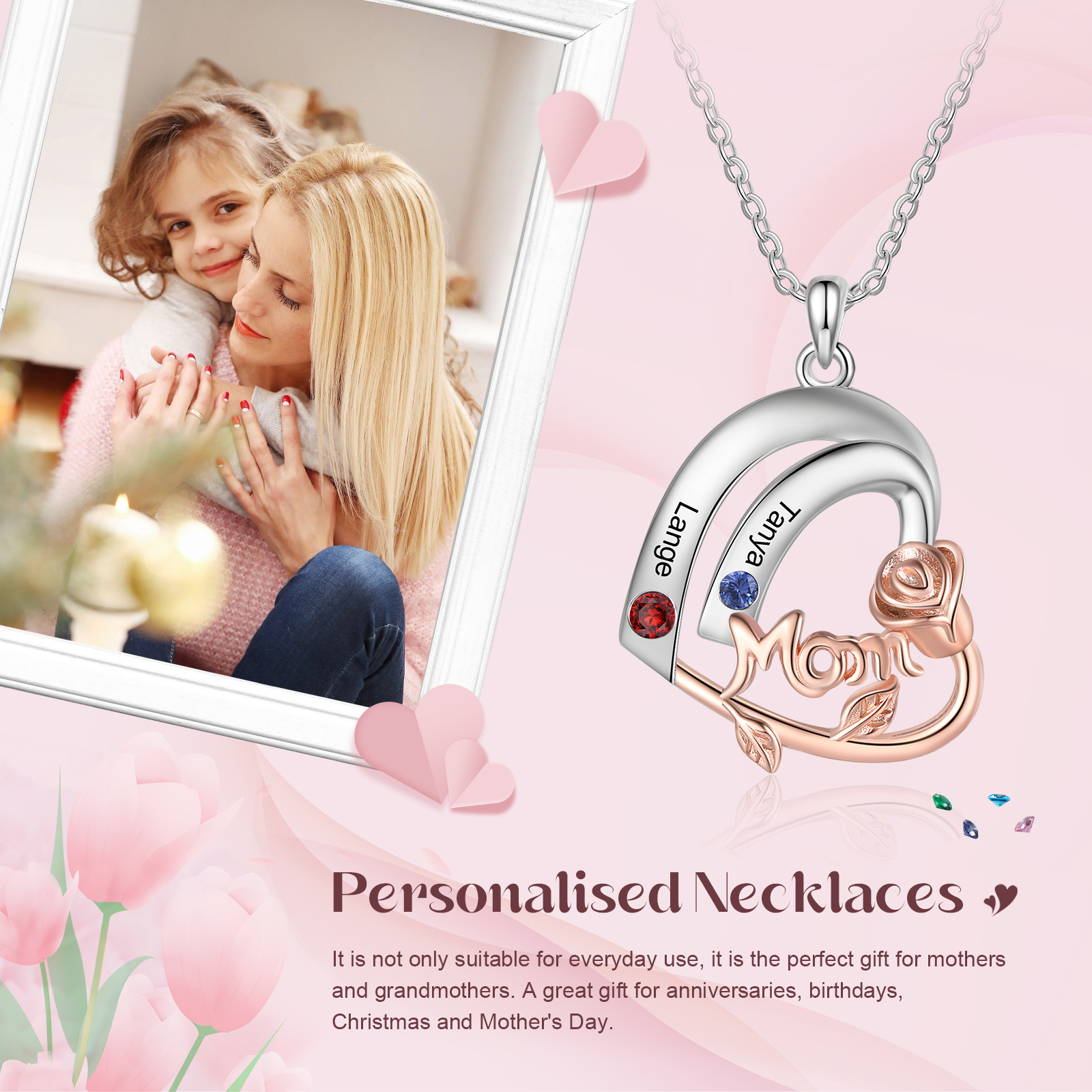 Personalised Heart Pendant Necklace Custom 2 Birthstones & 2 Names Birthday Gift for Mom/Grandma-Jessemade AU