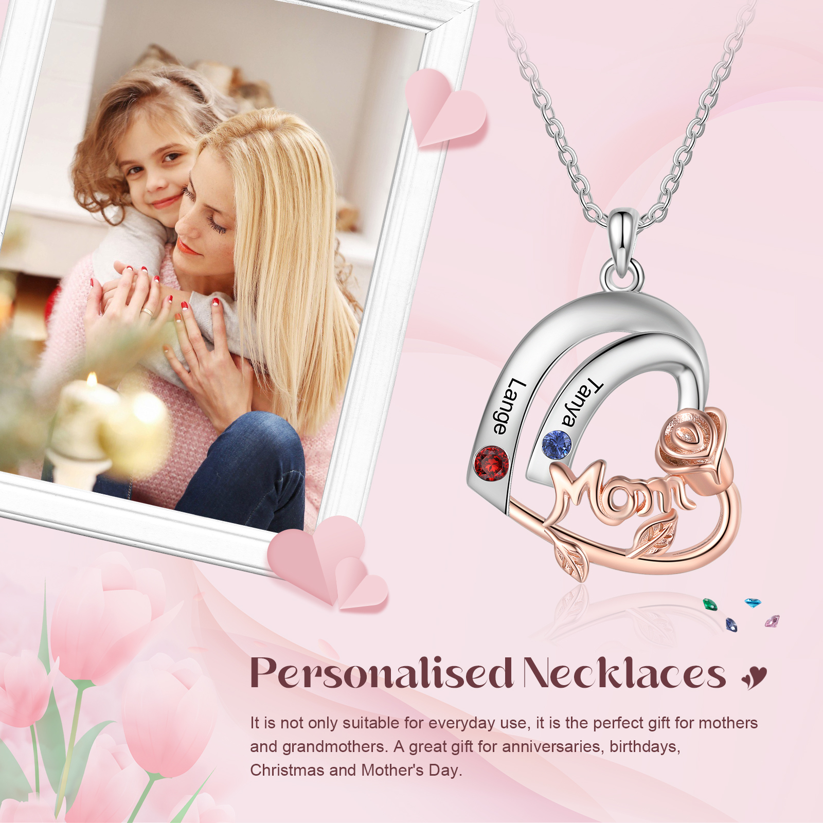 Personalised Heart Pendant Necklace Custom 2 Birthstones & 2 Names Birthday Gift for Mom/Grandma-Jessemade AU