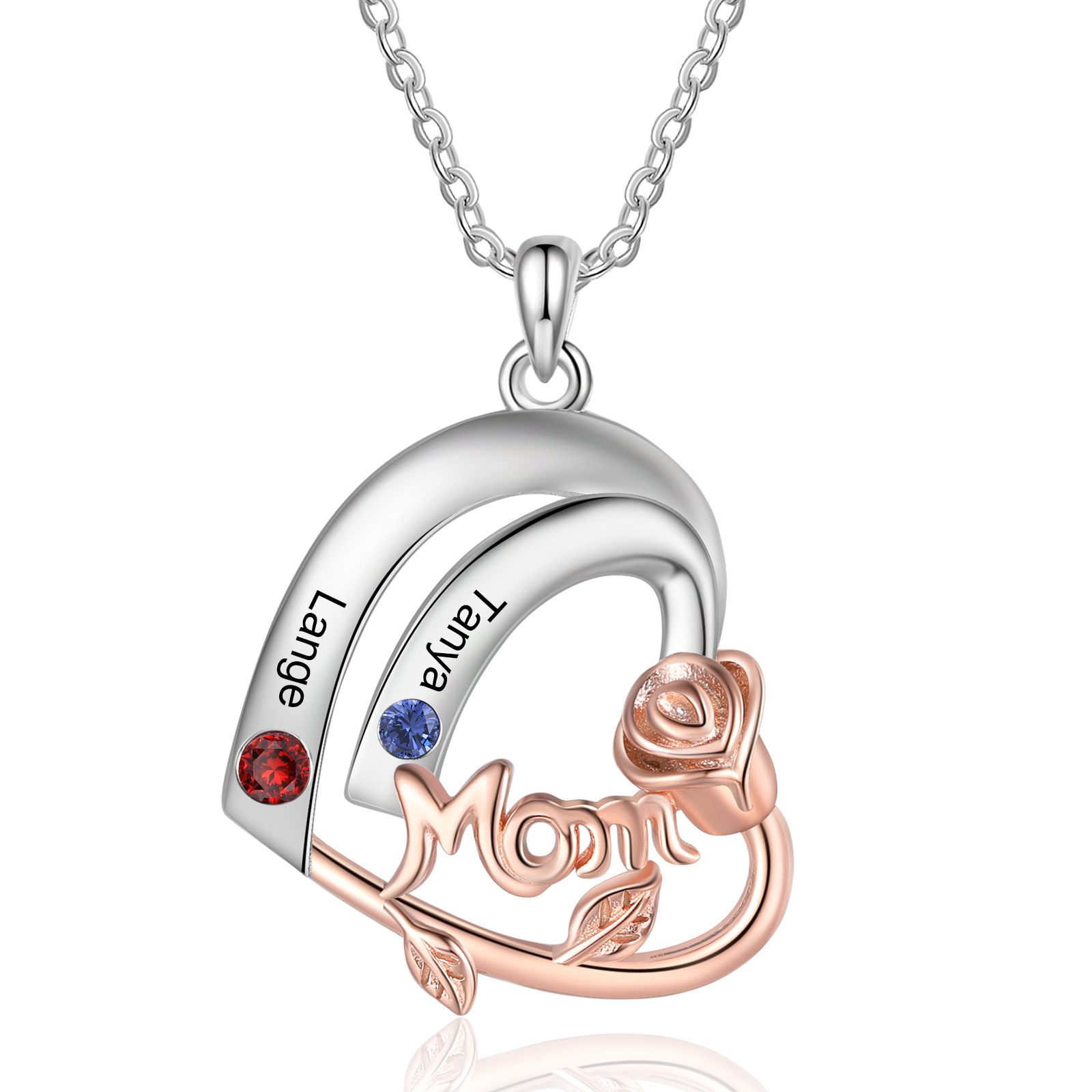 Personalised Heart Pendant Necklace Custom 2 Birthstones & 2 Names Birthday Gift for Mom/Grandma-Jessemade AU