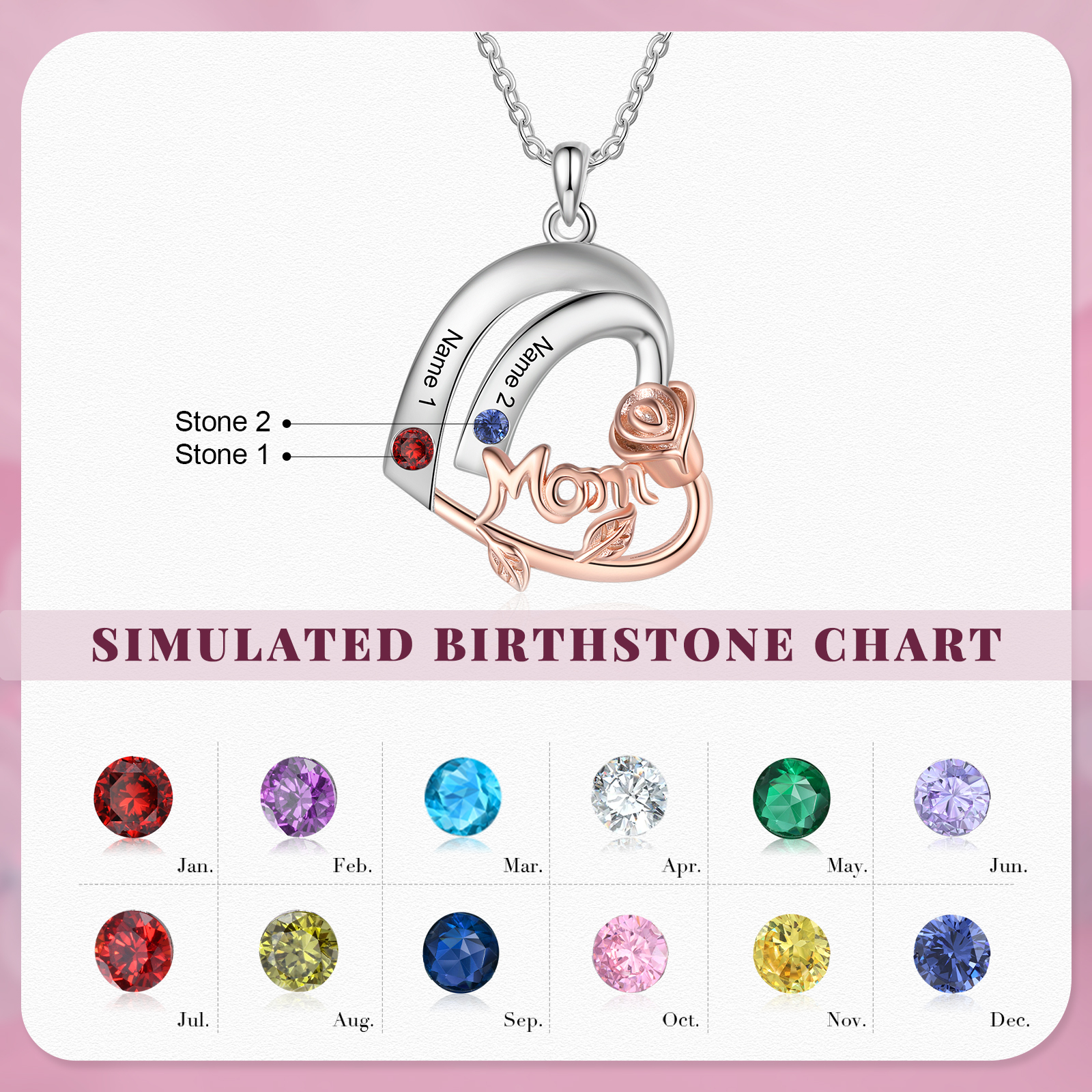 Personalised Heart Pendant Necklace Custom 2 Birthstones & 2 Names Birthday Gift for Mom/Grandma-Jessemade AU