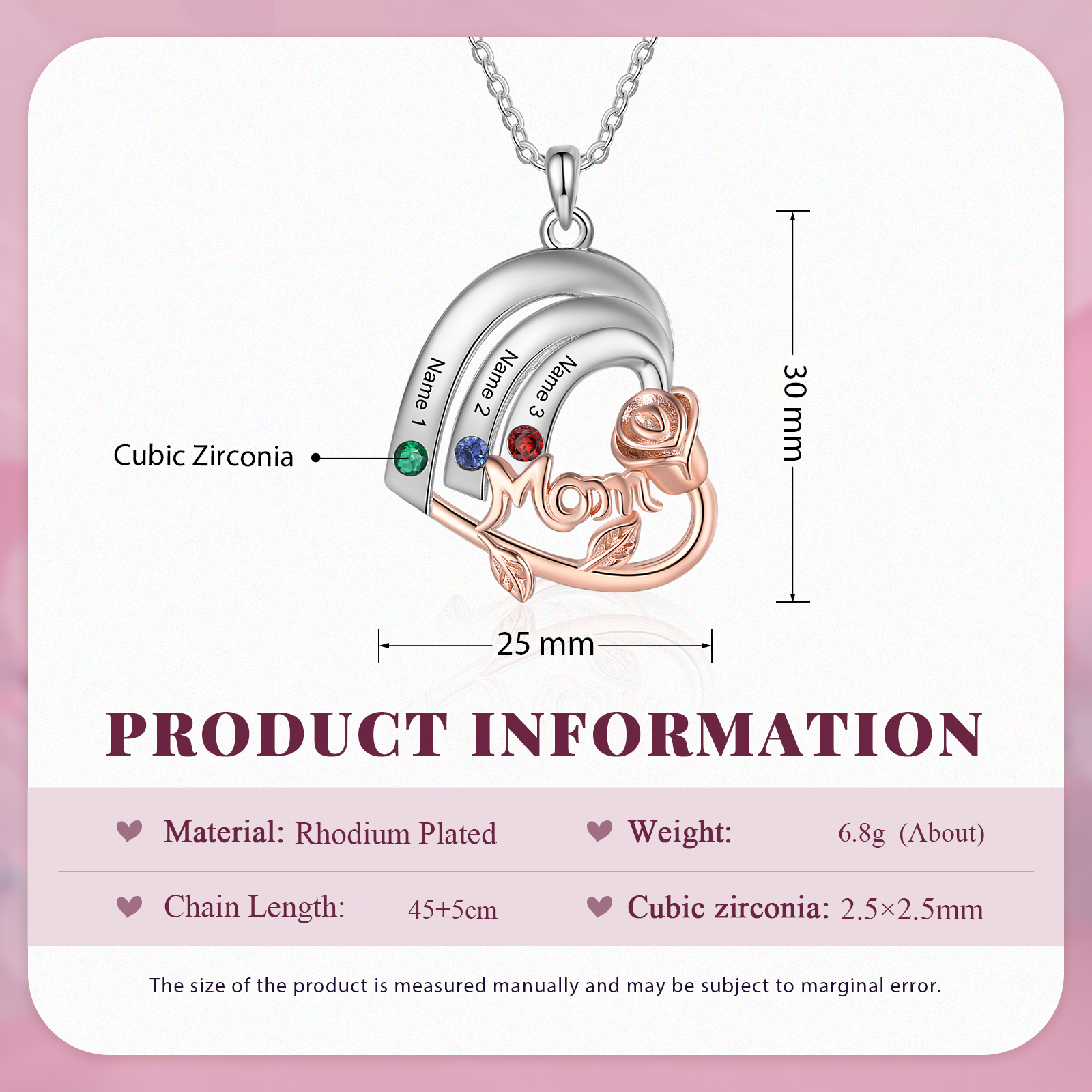 Personalised Heart Pendant Necklace Custom 3 Birthstones & 3 Names Birthday Gift for Mom/Grandma-Jessemade AU