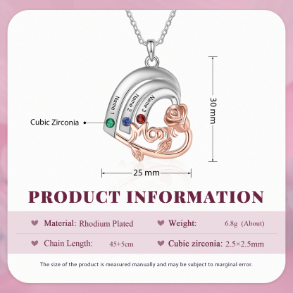Personalised Heart Pendant Necklace Custom 3 Birthstones & 3 Names Birthday Gift for Mom/Grandma-Jessemade AU