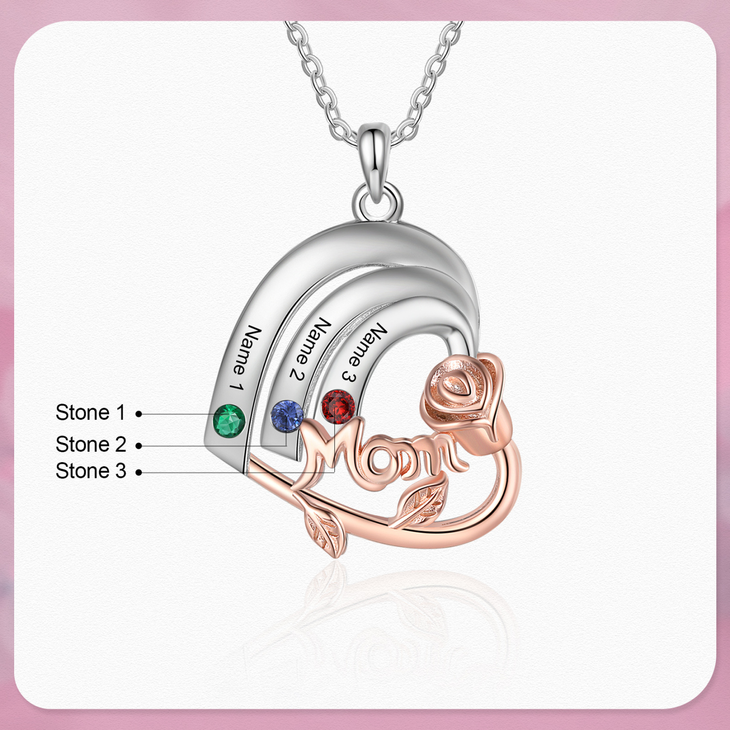 Personalised Heart Pendant Necklace Custom 3 Birthstones & 3 Names Birthday Gift for Mom/Grandma-Jessemade AU