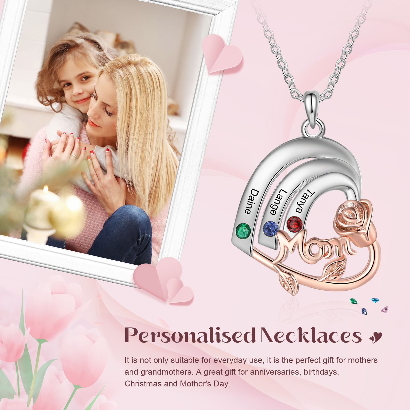 Personalised Heart Pendant Necklace Custom 3 Birthstones & 3 Names Birthday Gift for Mom/Grandma-Jessemade AU