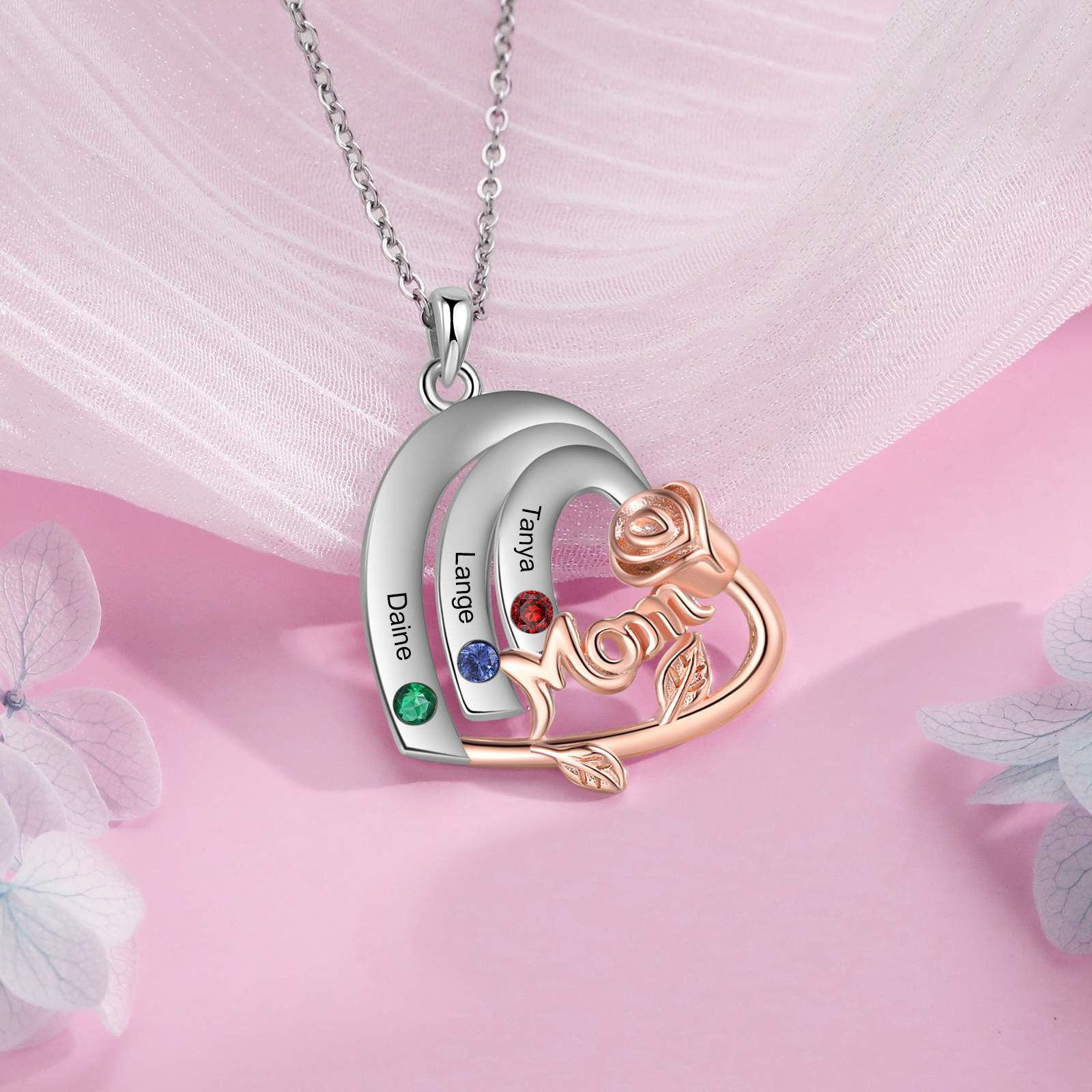 Personalised Heart Pendant Necklace Custom 3 Birthstones & 3 Names Birthday Gift for Mom/Grandma-Jessemade AU