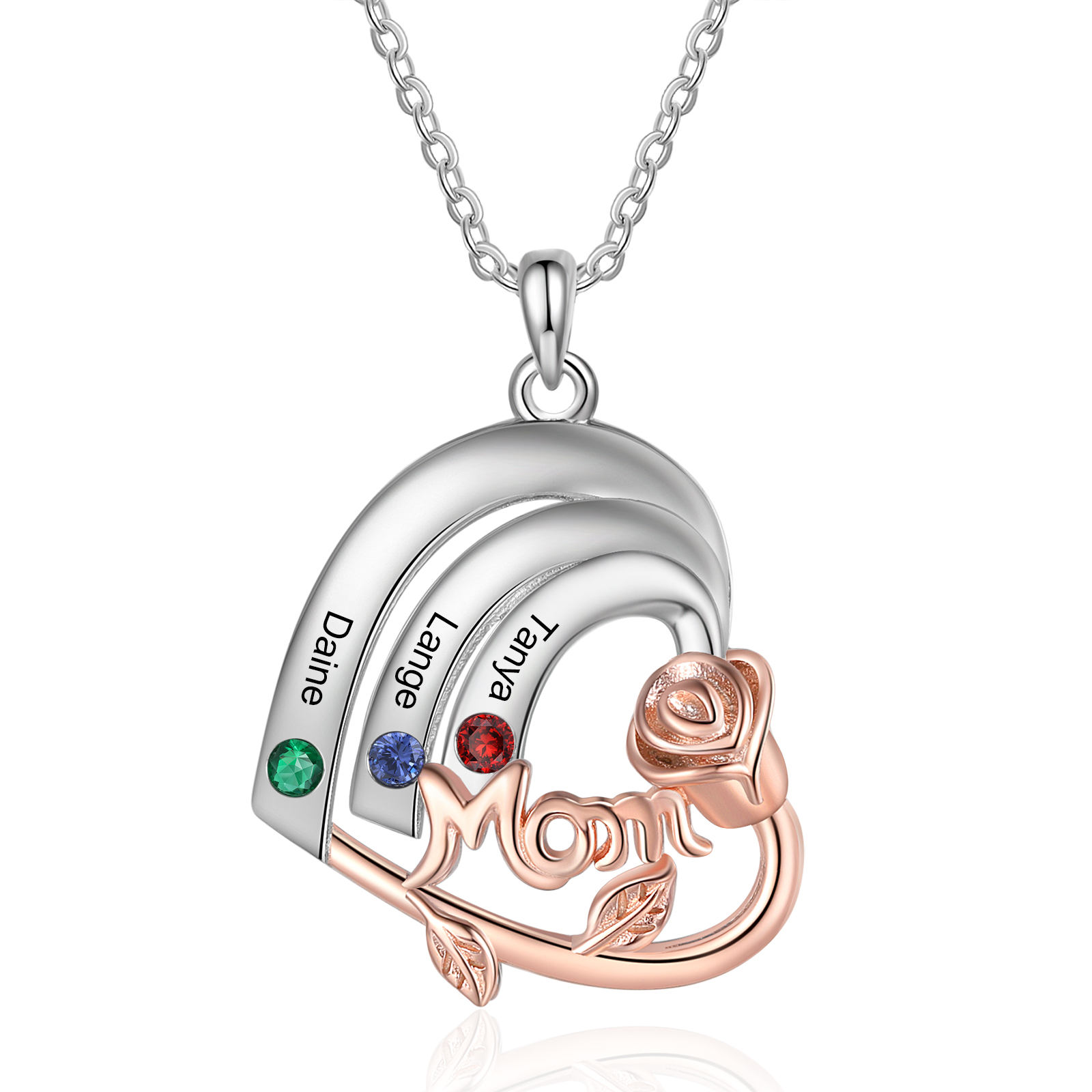 Personalised Heart Pendant Necklace Custom 3 Birthstones & 3 Names Birthday Gift for Mom/Grandma-Jessemade AU
