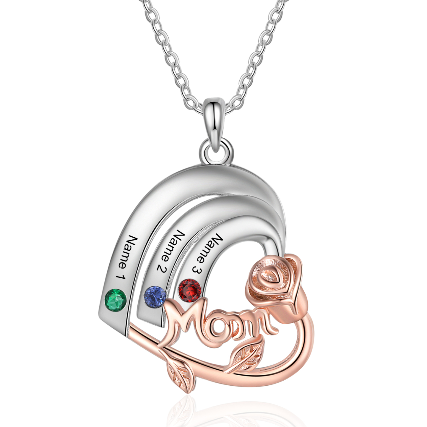 Personalised Heart Pendant Necklace Custom 3 Birthstones & 3 Names Birthday Gift for Mom/Grandma-Jessemade AU