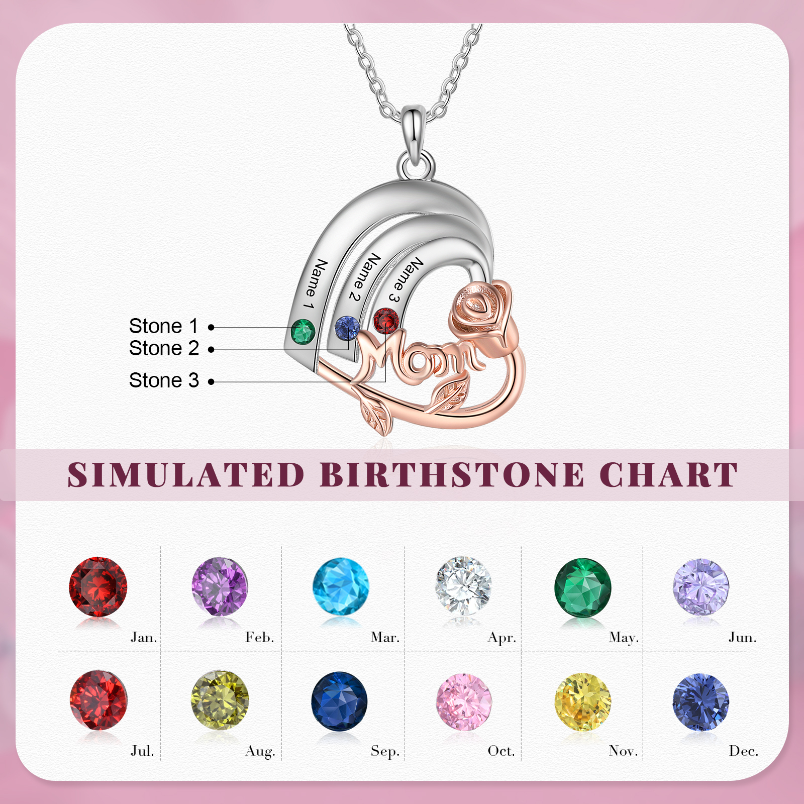 Personalised Heart Pendant Necklace Custom 3 Birthstones & 3 Names Birthday Gift for Mom/Grandma-Jessemade AU