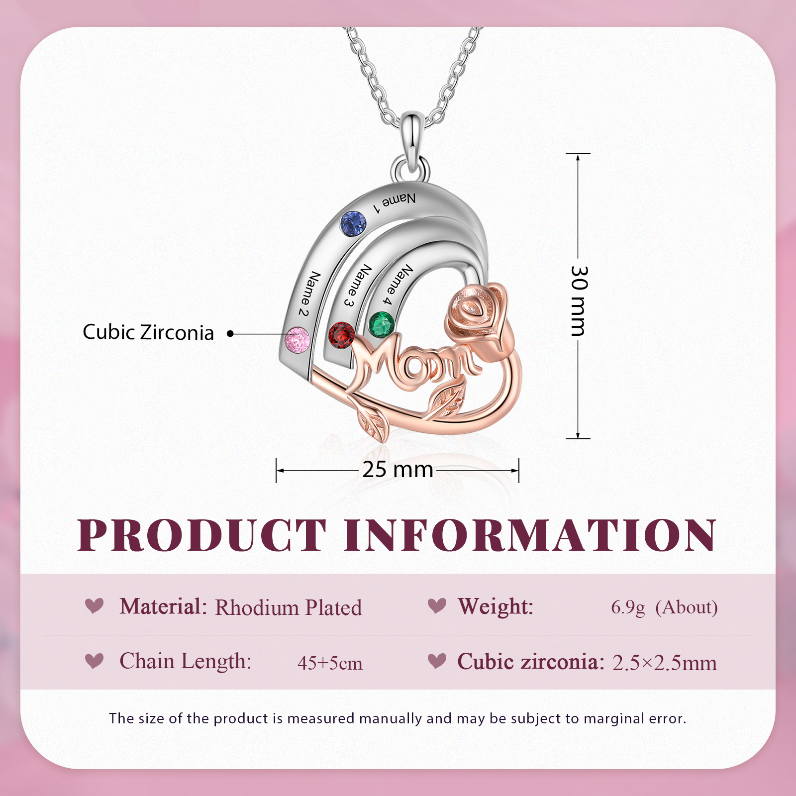 Personalised Heart Pendant Necklace Custom 4 Birthstones & 4 Names Birthday Gift for Mom/Grandma-Jessemade AU