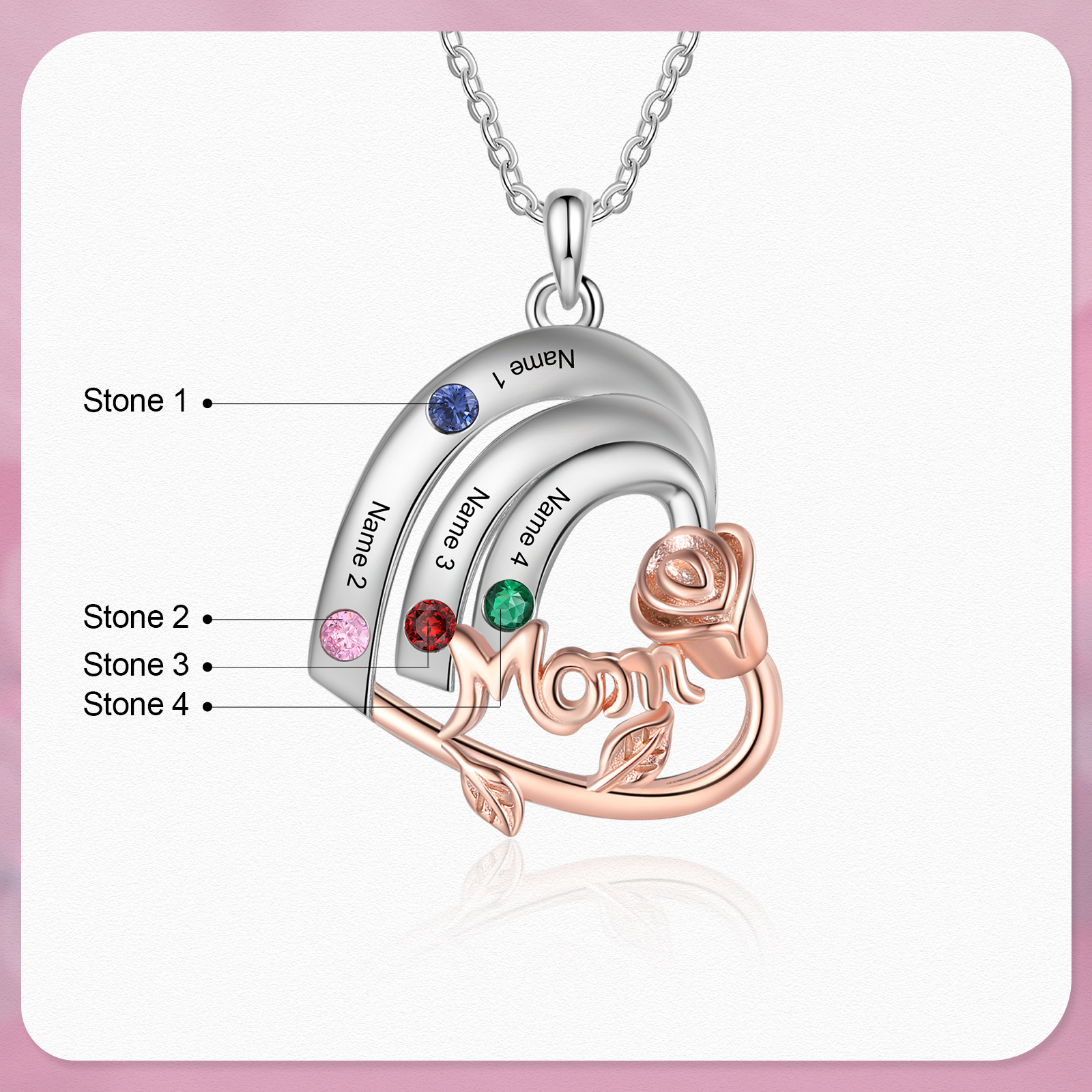 Personalised Heart Pendant Necklace Custom 4 Birthstones & 4 Names Birthday Gift for Mom/Grandma-Jessemade AU