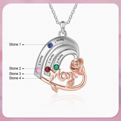 Personalised Heart Pendant Necklace Custom 4 Birthstones & 4 Names Birthday Gift for Mom/Grandma-Jessemade AU