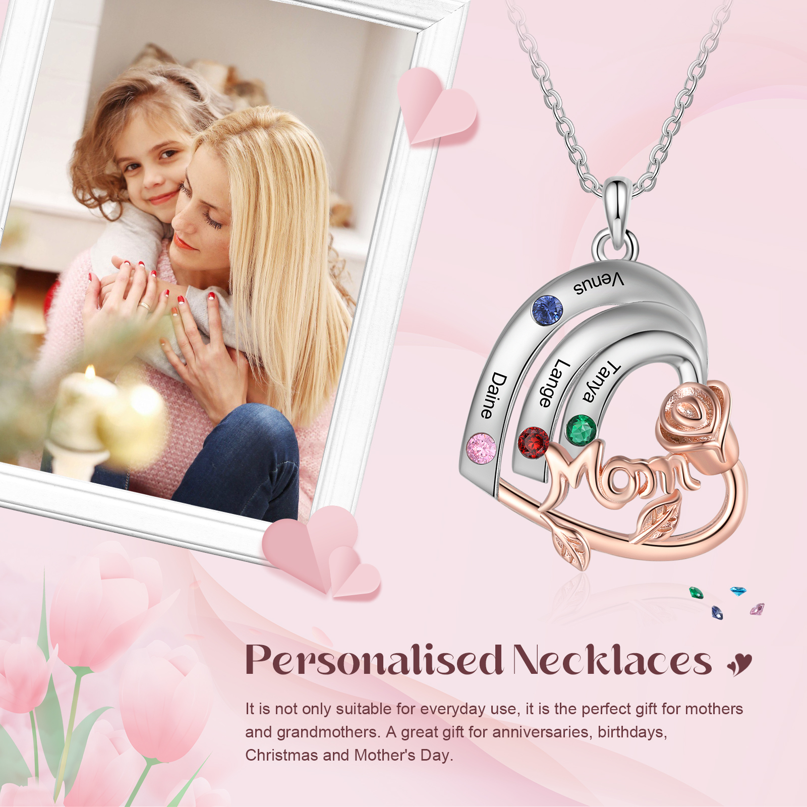 Personalised Heart Pendant Necklace Custom 4 Birthstones & 4 Names Birthday Gift for Mom/Grandma-Jessemade AU