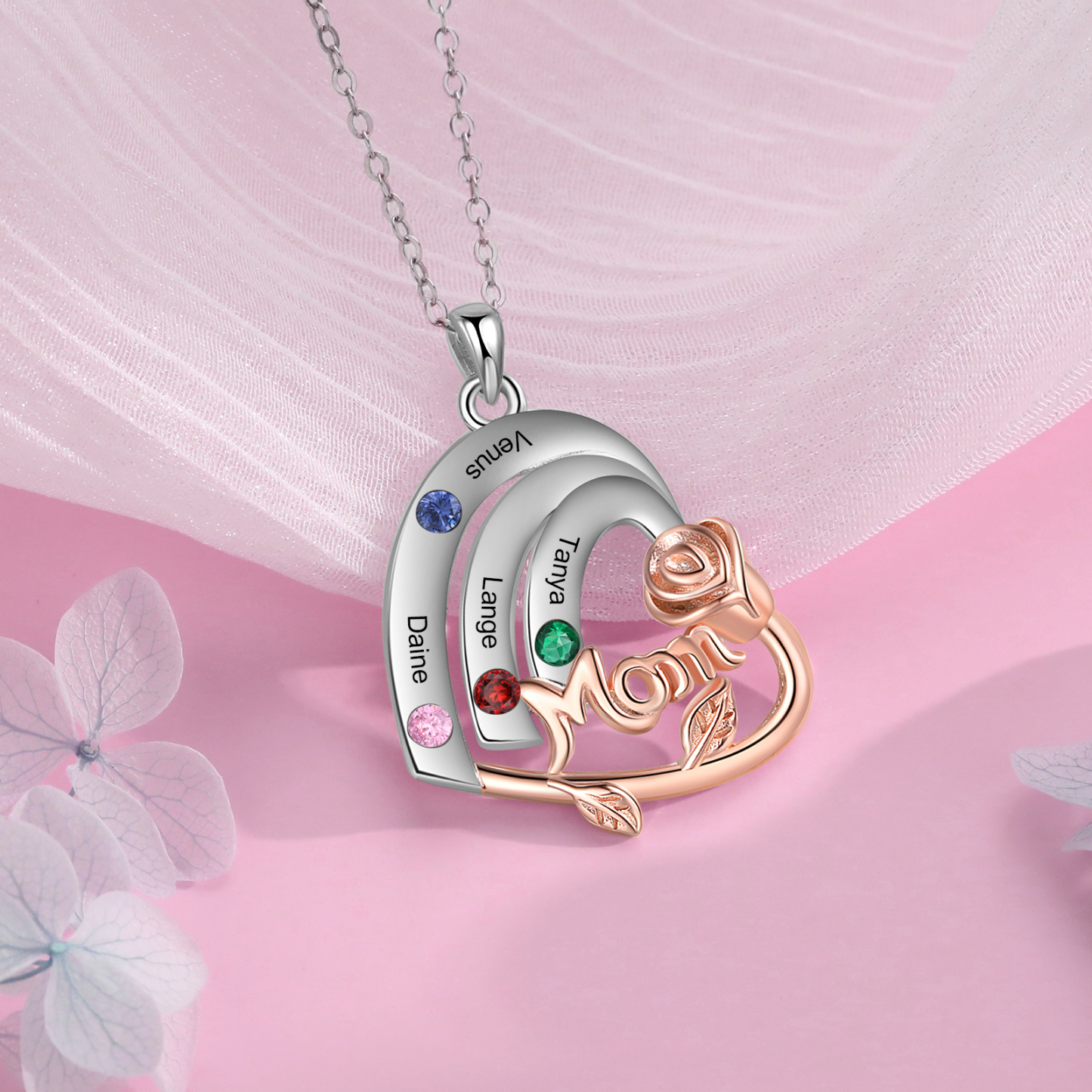 Personalised Heart Pendant Necklace Custom 4 Birthstones & 4 Names Birthday Gift for Mom/Grandma-Jessemade AU