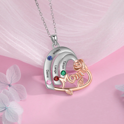 Personalised Heart Pendant Necklace Custom 4 Birthstones & 4 Names Birthday Gift for Mom/Grandma-Jessemade AU