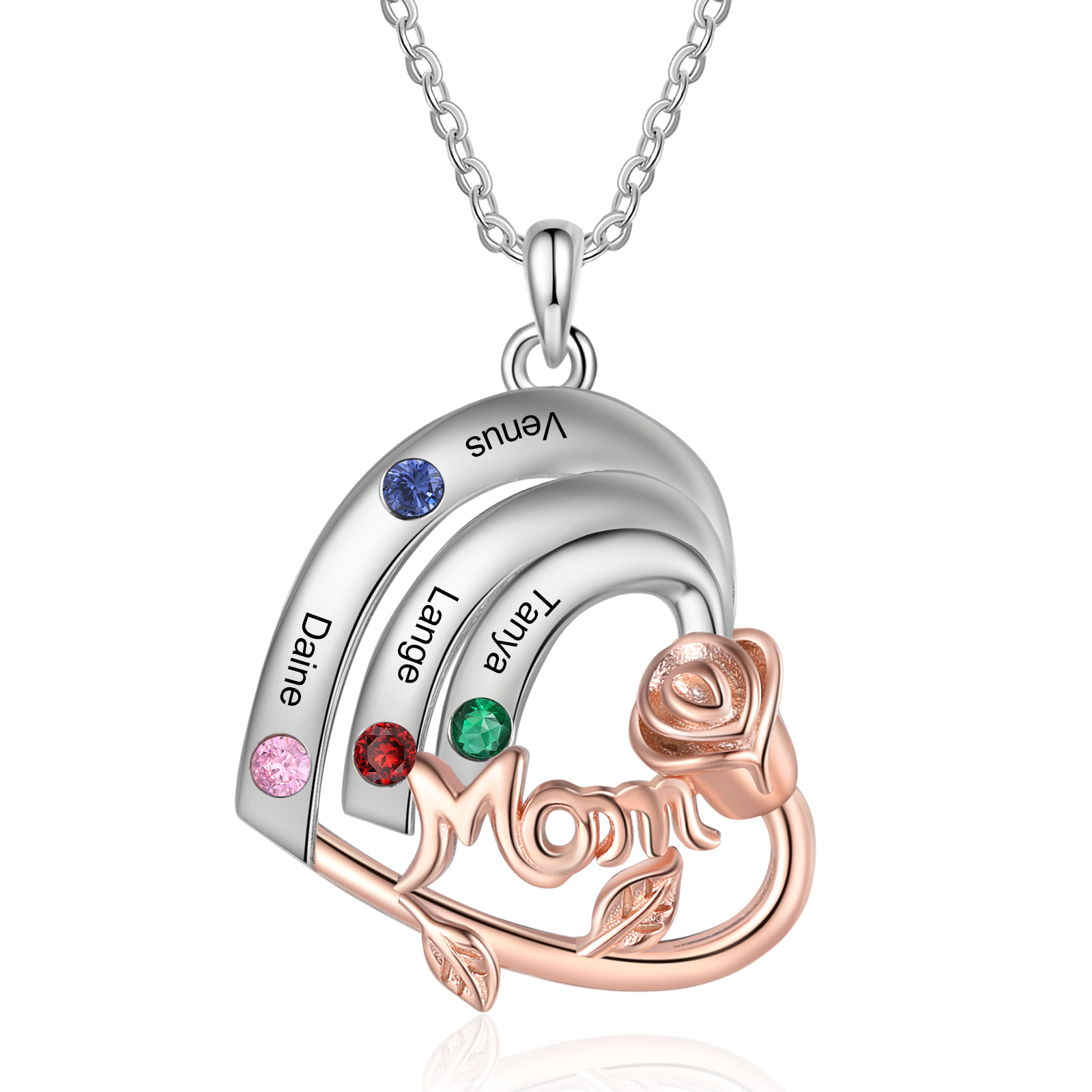 Personalised Heart Pendant Necklace Custom 4 Birthstones & 4 Names Birthday Gift for Mom/Grandma-Jessemade AU
