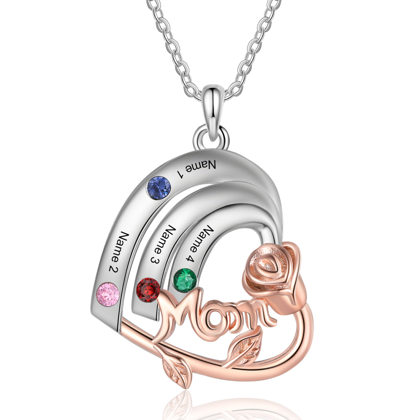 Personalised Heart Pendant Necklace Custom 4 Birthstones & 4 Names Birthday Gift for Mom/Grandma-Jessemade AU