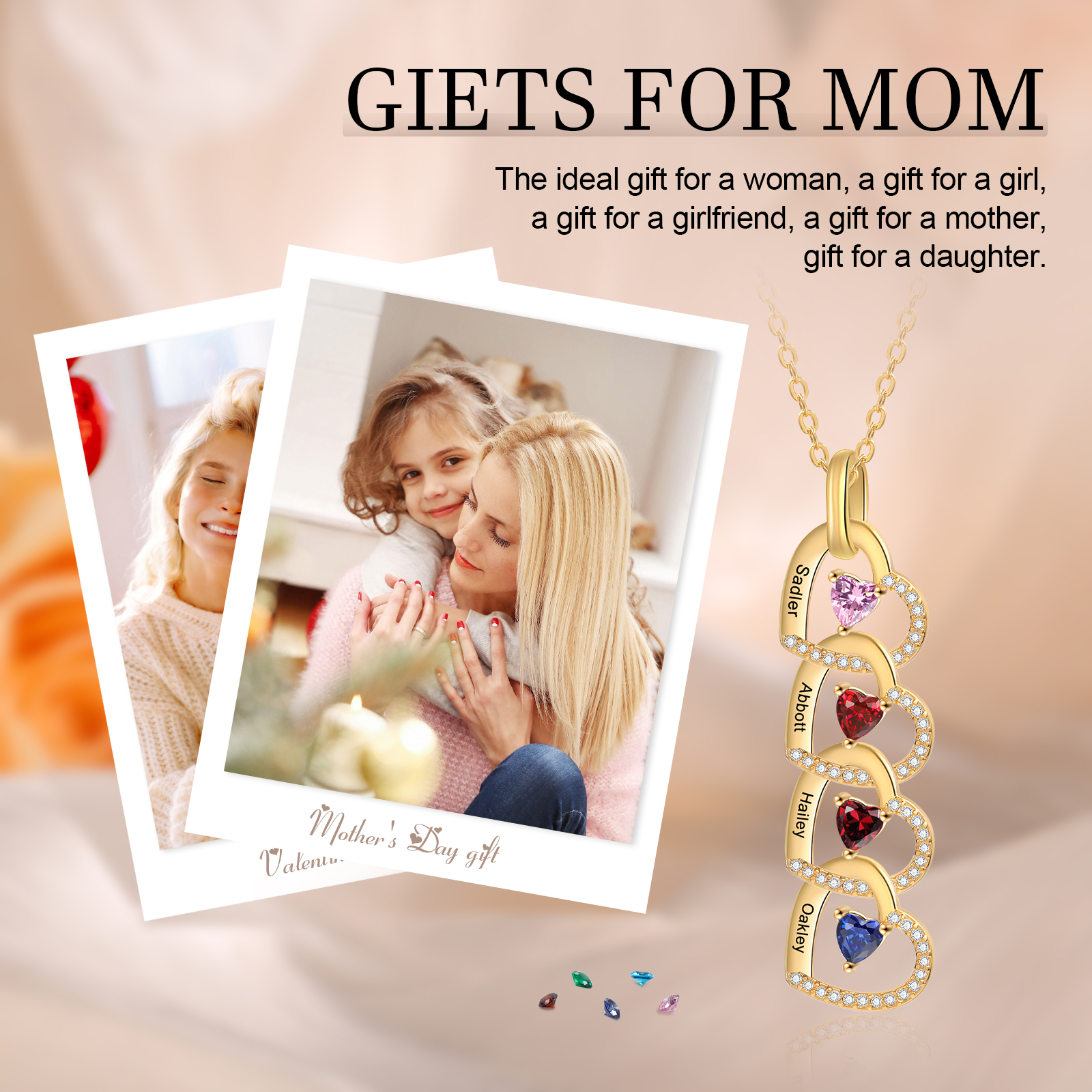 Personalised Heart Pendant Necklace Custom 4-6 Birthstones & 4-6 Names Women's Necklace Gold Gift for Her-Jessemade AU