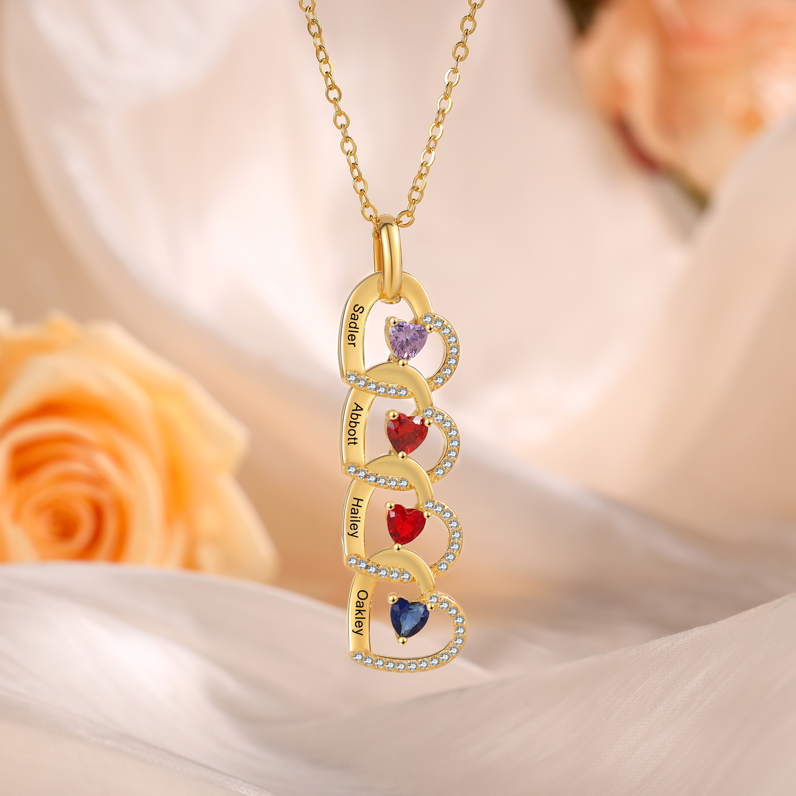Personalised Heart Pendant Necklace Custom 4-6 Birthstones & 4-6 Names Women's Necklace Gold Gift for Her-Jessemade AU