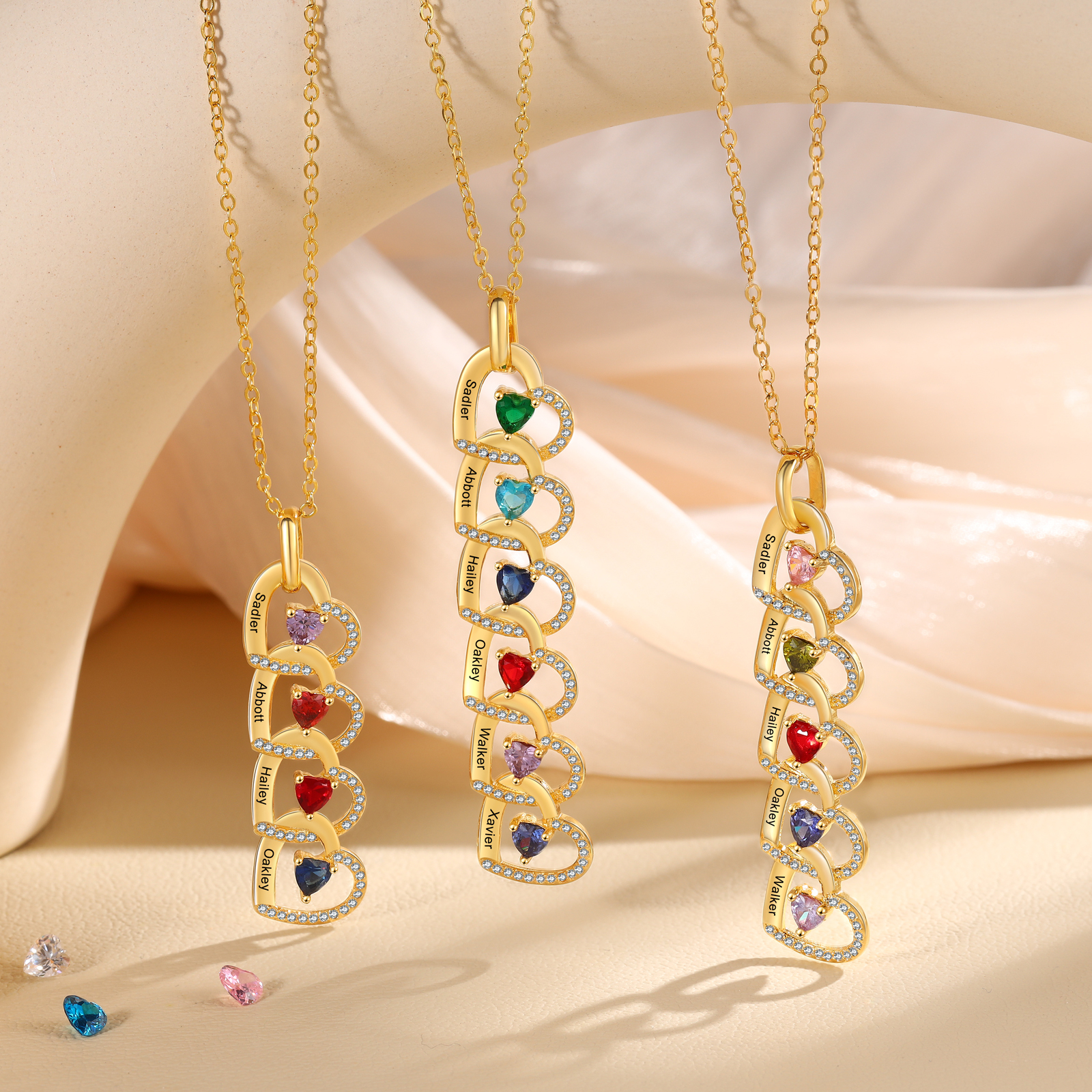Personalised Heart Pendant Necklace Custom 4-6 Birthstones & 4-6 Names Women's Necklace Gold Gift for Her-Jessemade AU