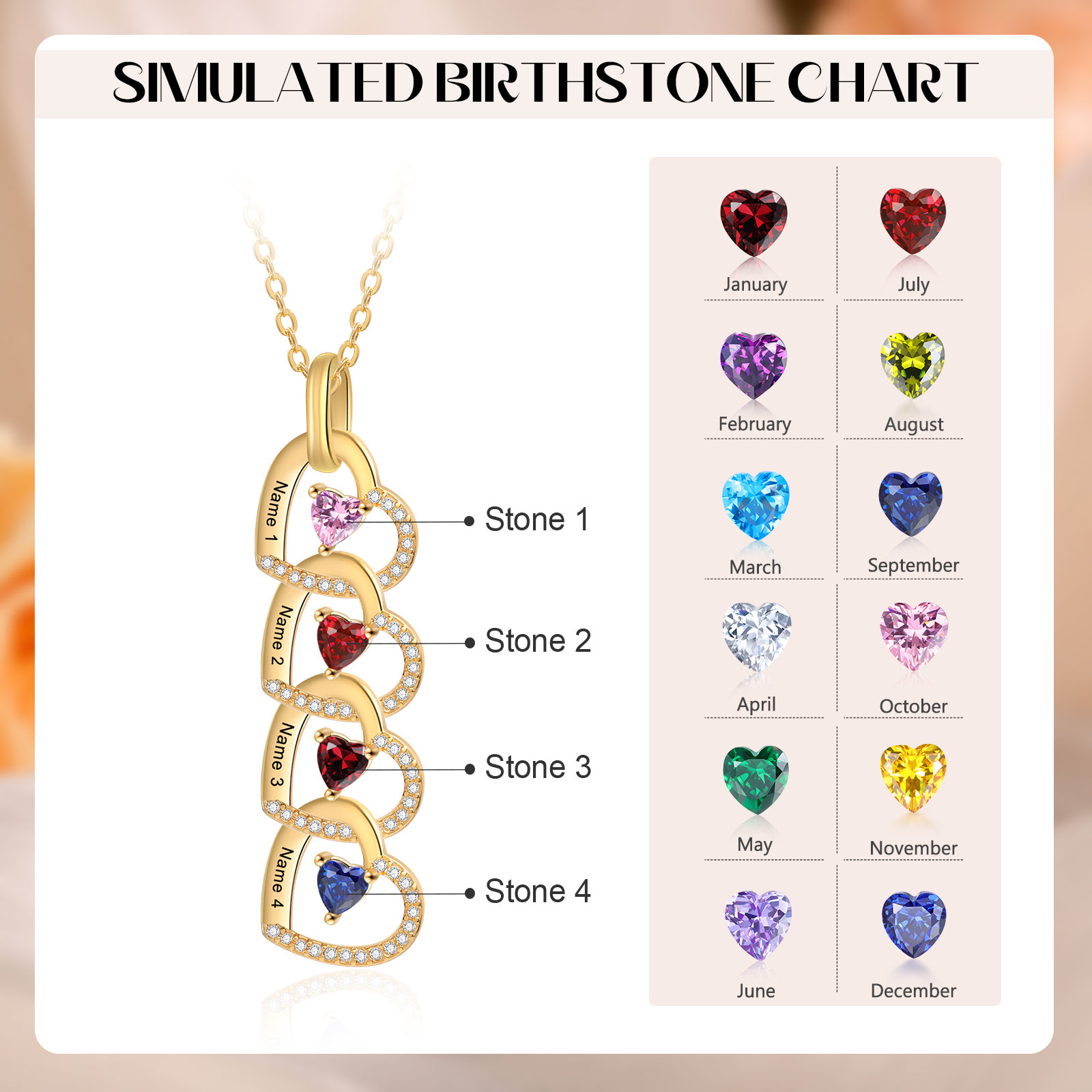 Personalised Heart Pendant Necklace Custom 4-6 Birthstones & 4-6 Names Women's Necklace Gold Gift for Her