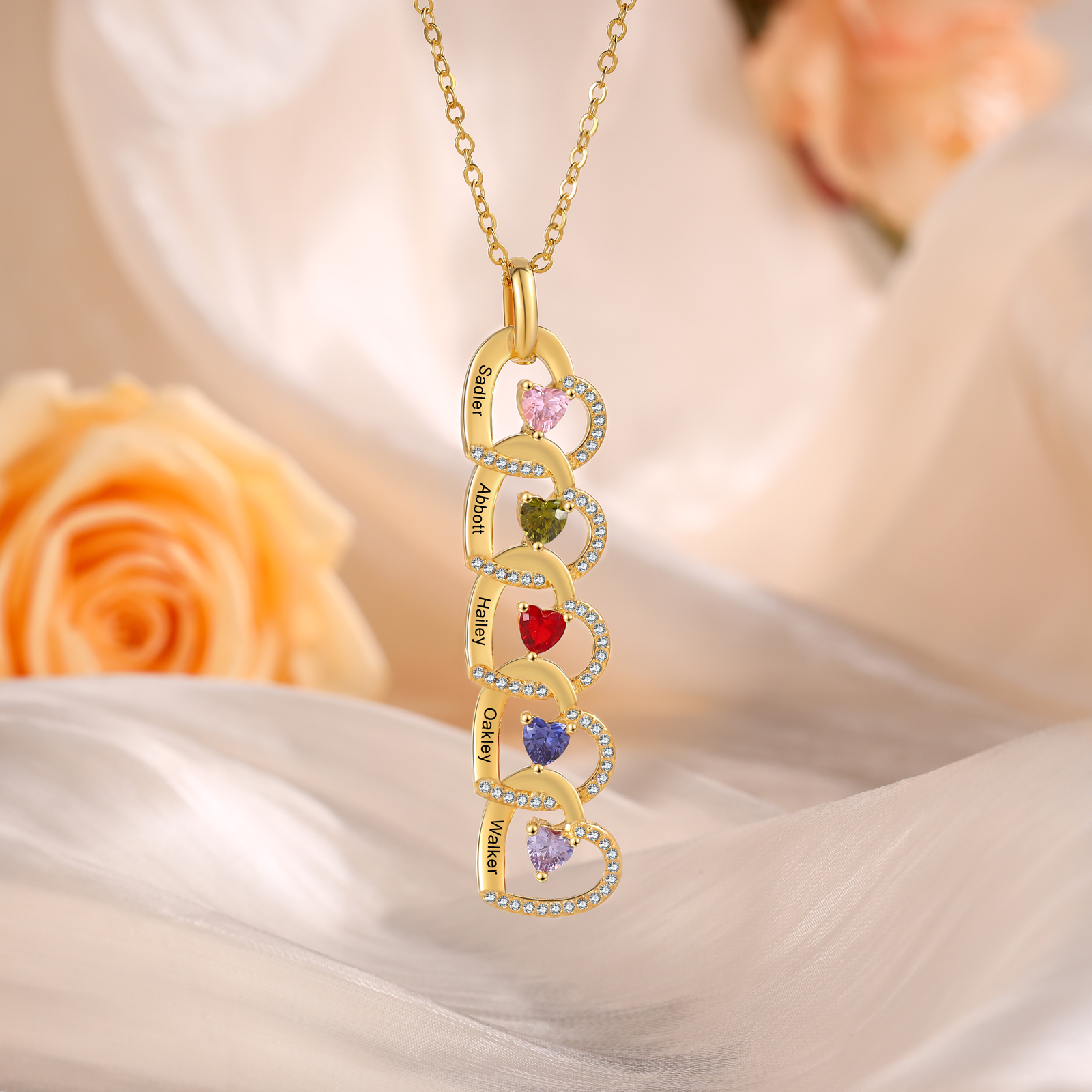 Personalised Heart Pendant Necklace Custom 4-6 Birthstones & 4-6 Names Women's Necklace Gold Gift for Her-Jessemade AU