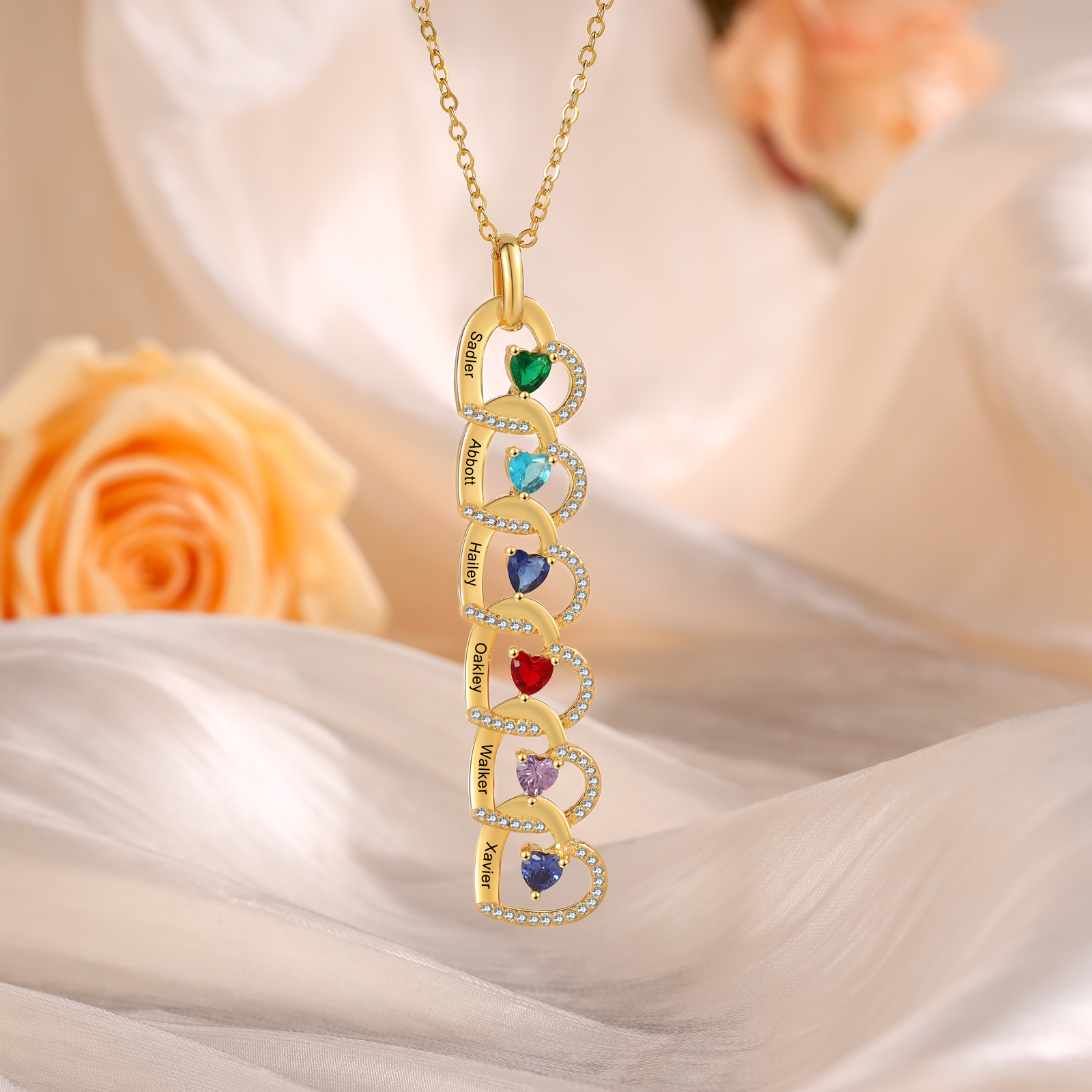 Personalised Heart Pendant Necklace Custom 4-6 Birthstones & 4-6 Names Women's Necklace Gold Gift for Her-Jessemade AU
