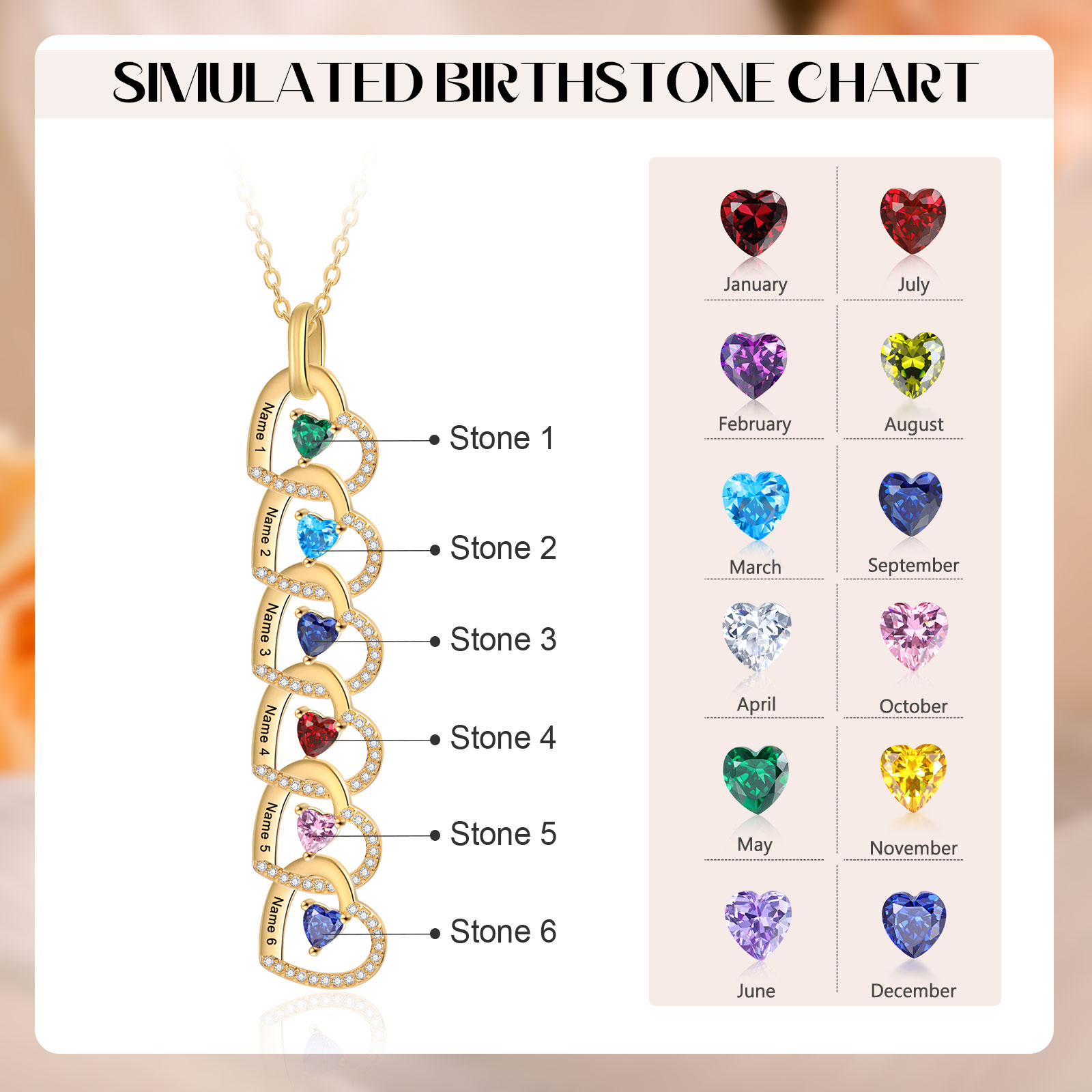 Personalised Heart Pendant Necklace Custom 4-6 Birthstones & 4-6 Names Women's Necklace Gold Gift for Her-Jessemade AU