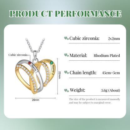 Personalised Heart Necklace with 2 Birthstones 2 Names Custom Women's Necklace Gift for Her-Jessemade AU